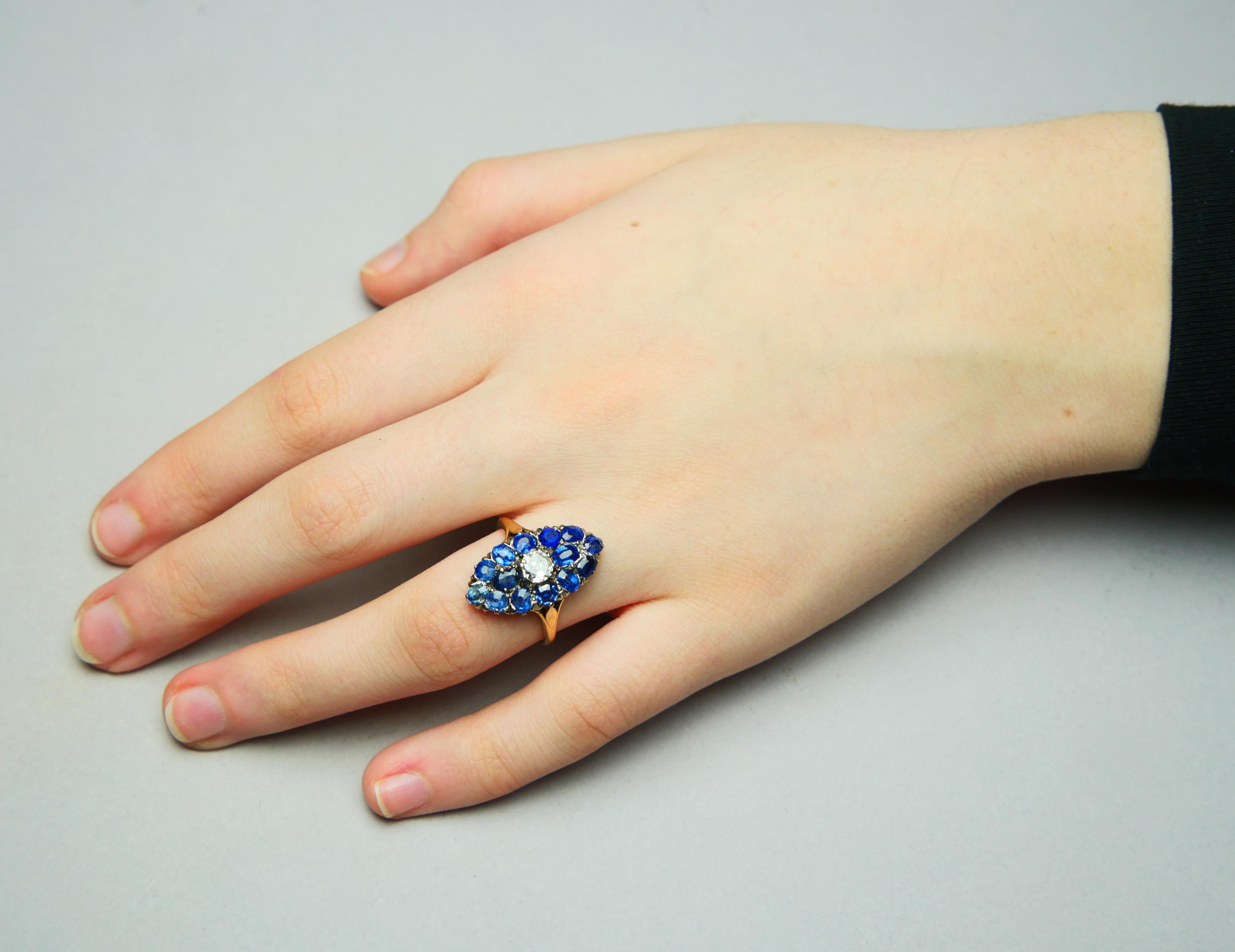 Antique Nordic Ring natural 5ctw Sapphire 0.6ct Diamond 18K Gold ØUS8.25 /4.53gr For Sale 6