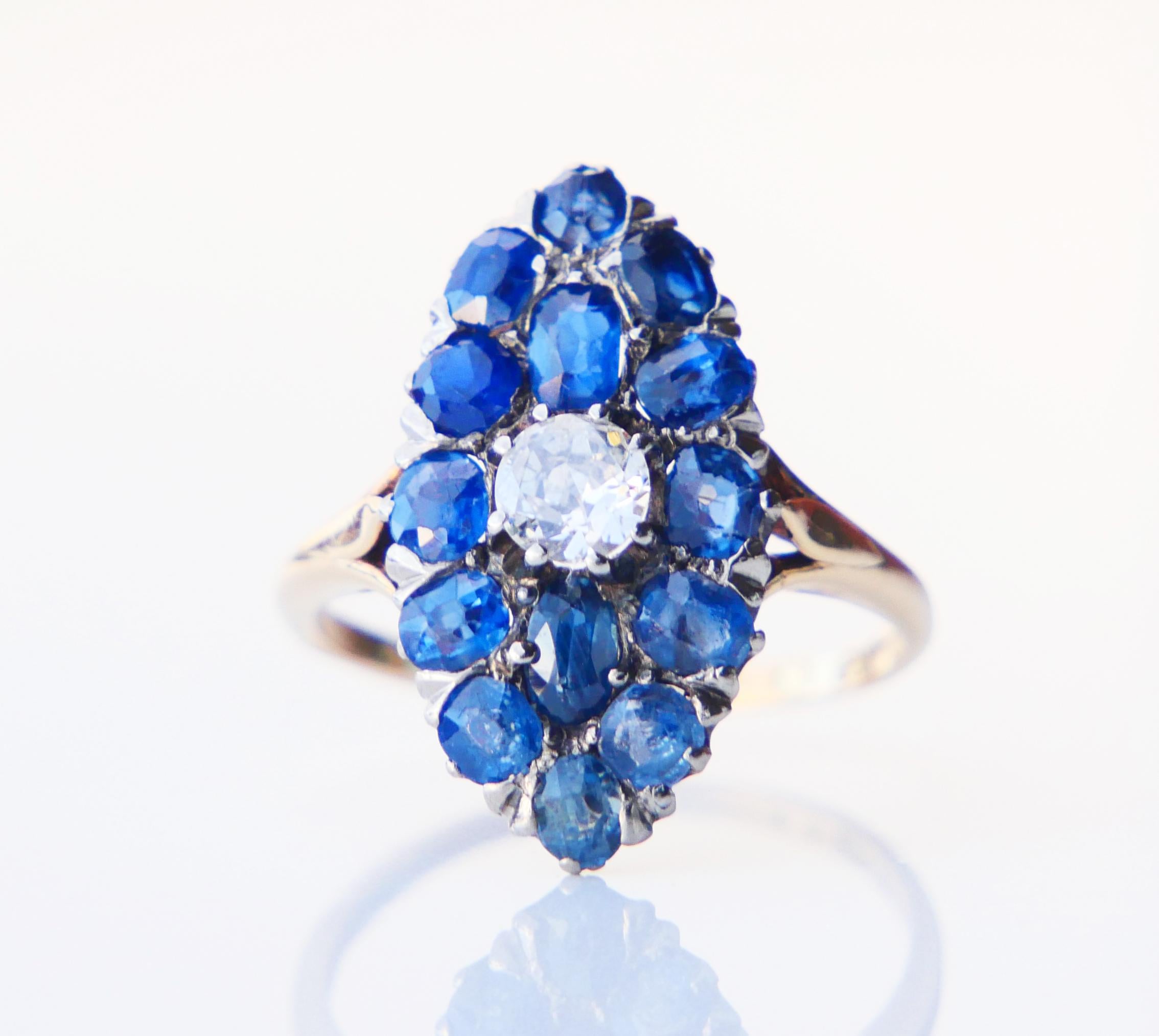 Art Deco Antique Nordic Ring natural 5ctw Sapphire 0.6ct Diamond 18K Gold ØUS8.25 /4.53gr For Sale