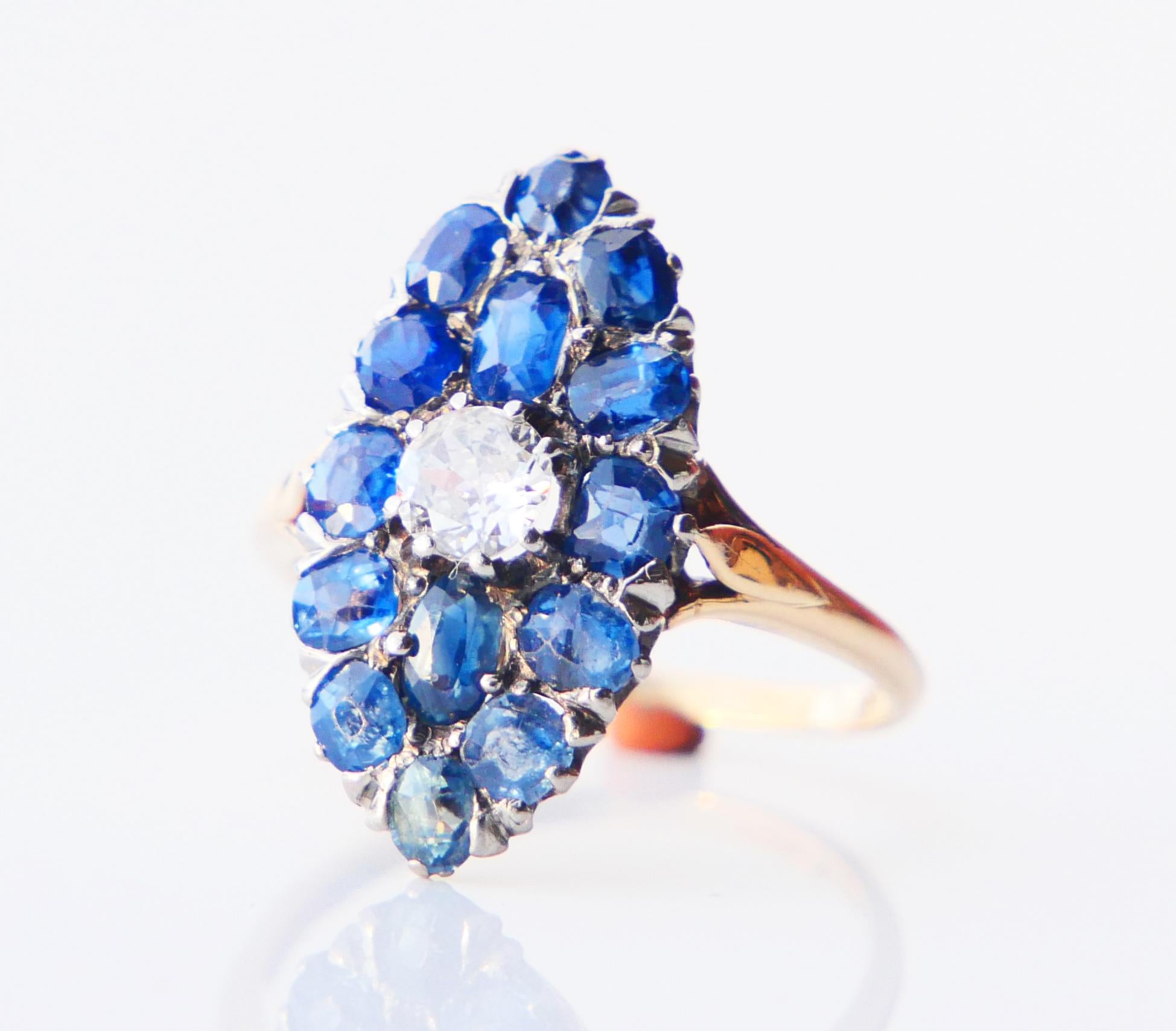 Old European Cut Antique Nordic Ring natural 5ctw Sapphire 0.6ct Diamond 18K Gold ØUS8.25 /4.53gr For Sale