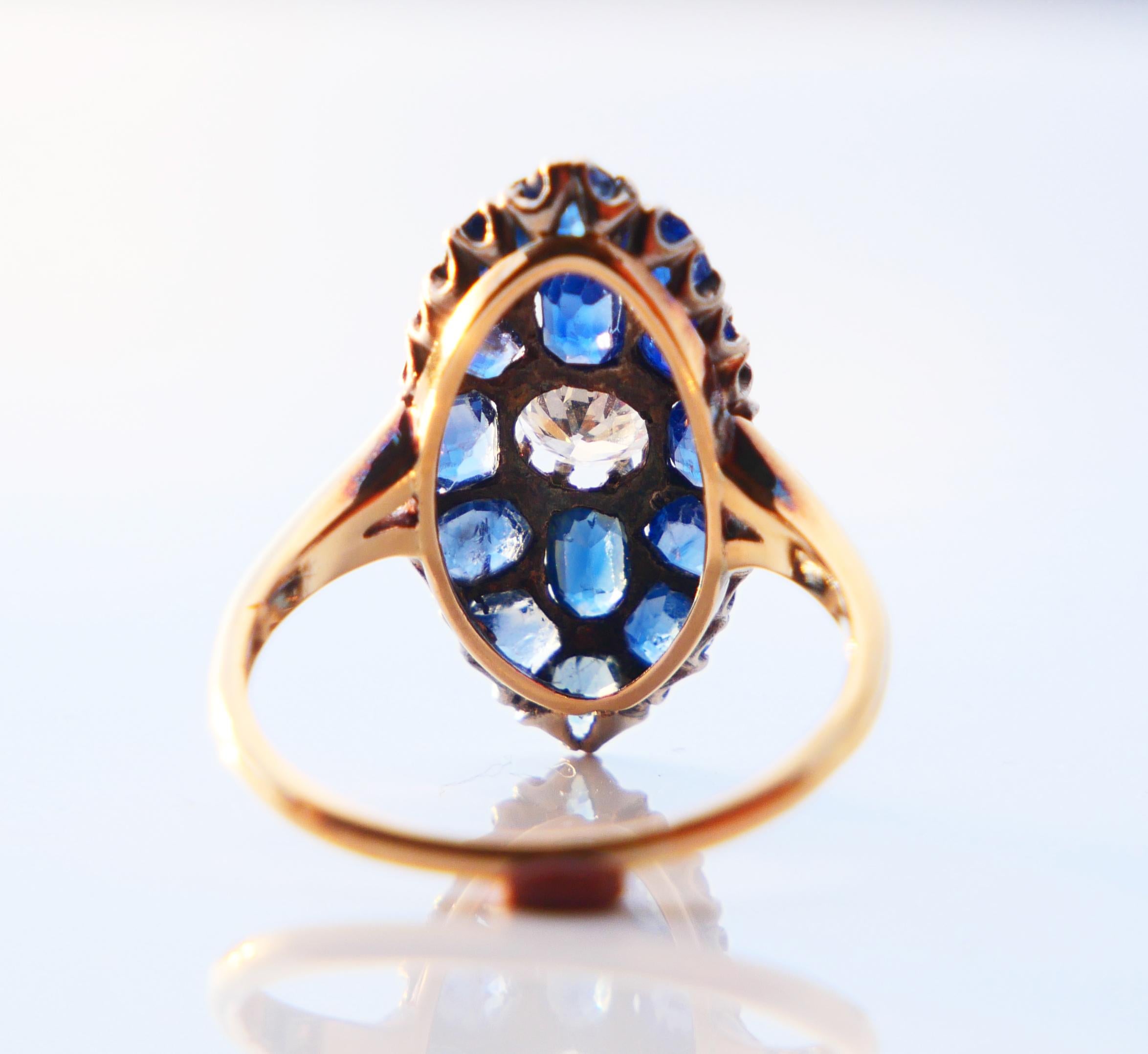 Women's Antique Nordic Ring natural 5ctw Sapphire 0.6ct Diamond 18K Gold ØUS8.25 /4.53gr For Sale