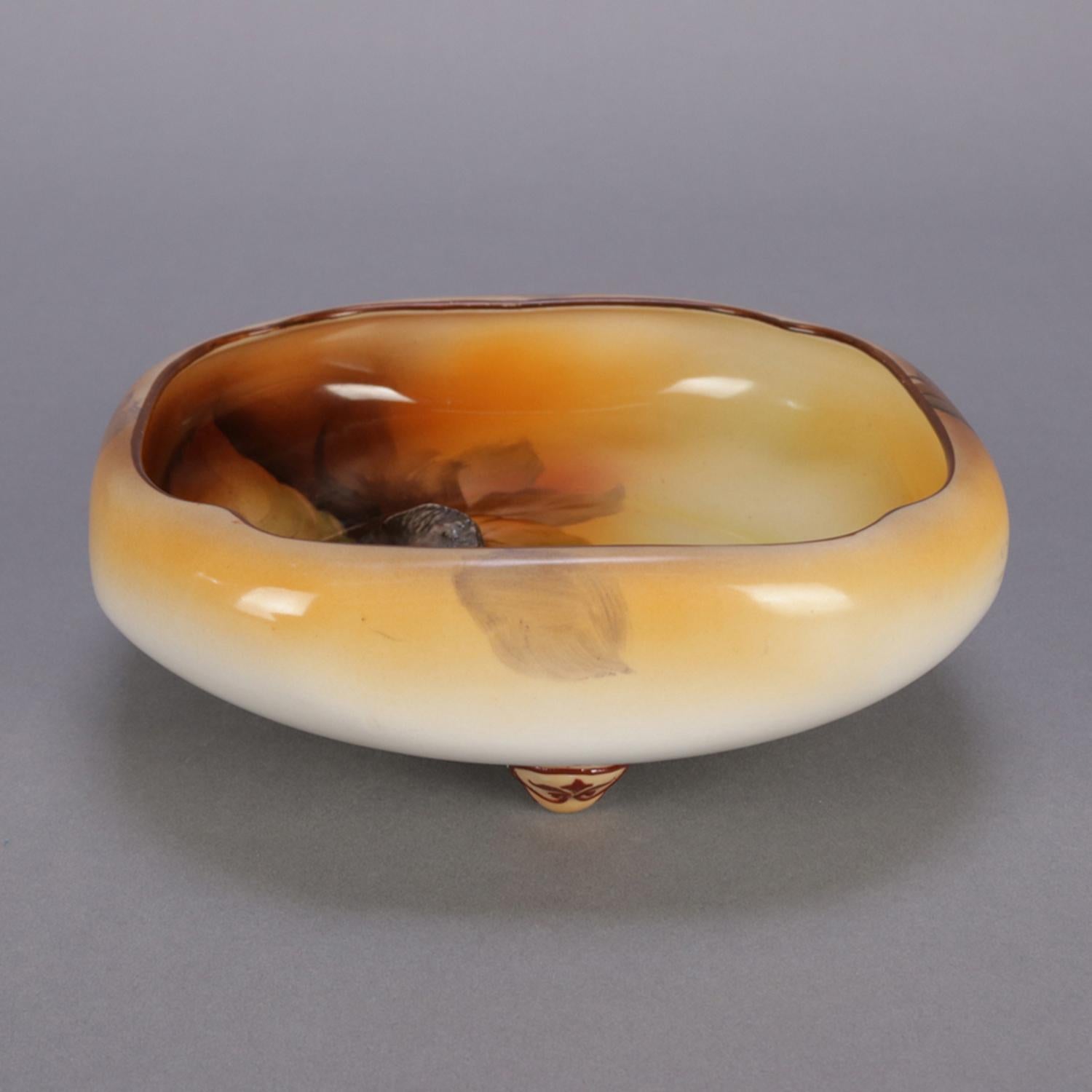 Japanese Antique Noritake Hand Painted Nut and Leaf Porcelain Footed Bowl, 19th Century