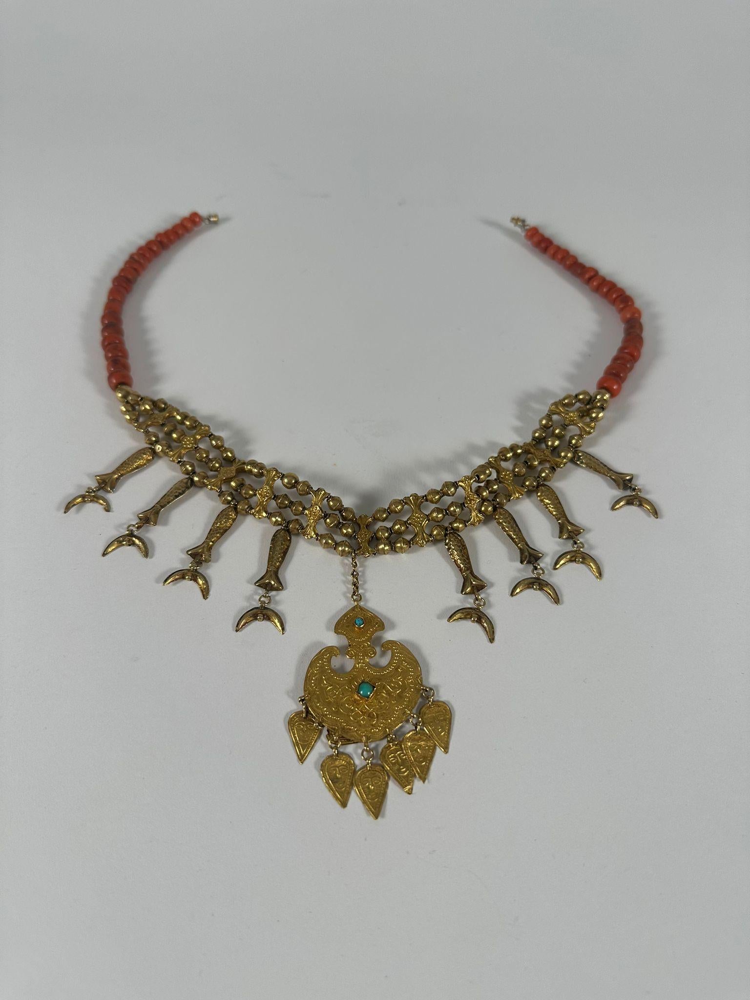 Hand-Crafted Antique North African 14K Gold and Coral Protective Amulet Necklace (1870) For Sale