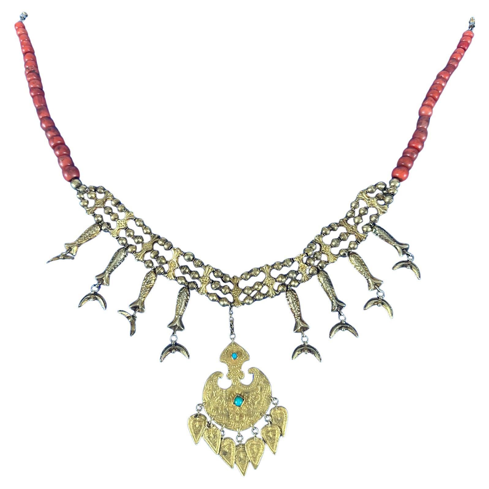 Antique North African 14K Gold and Coral Protective Amulet Necklace (1870) For Sale