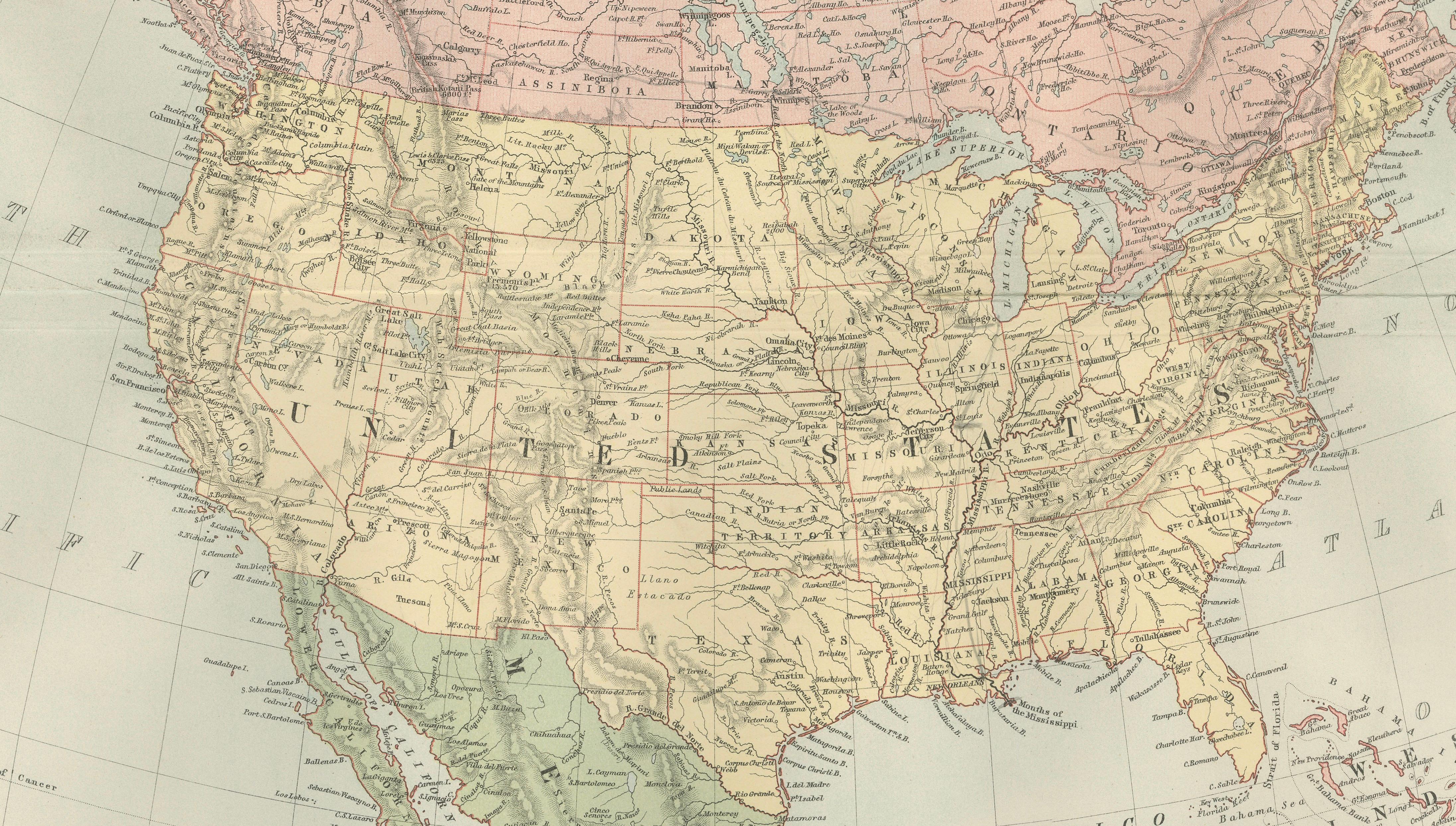 Antique North America Map, Canada, USA, Mexico, Bartholomew, 1884