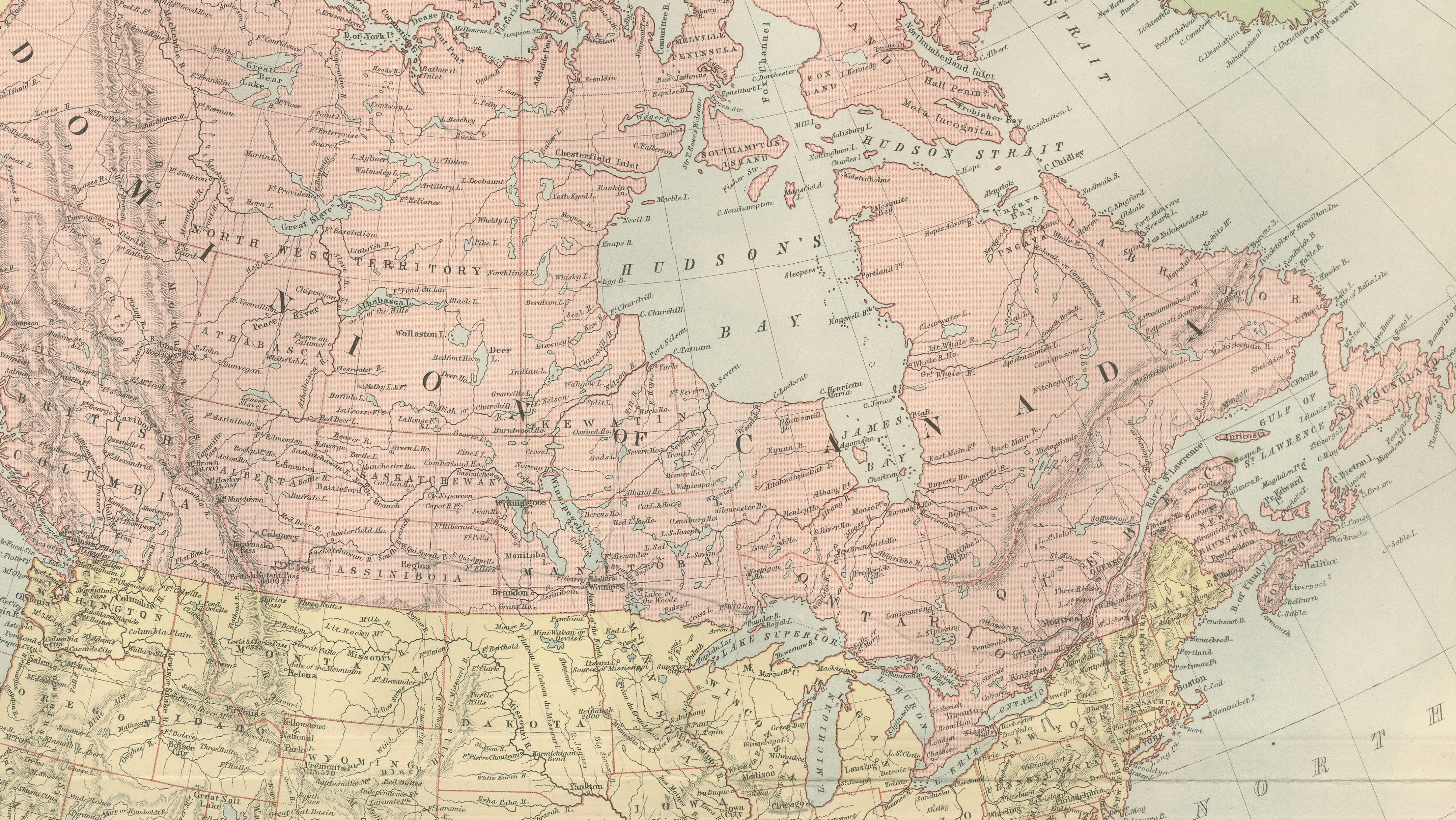 Antique North America Map, Canada, USA, Mexico, Bartholomew, 1884