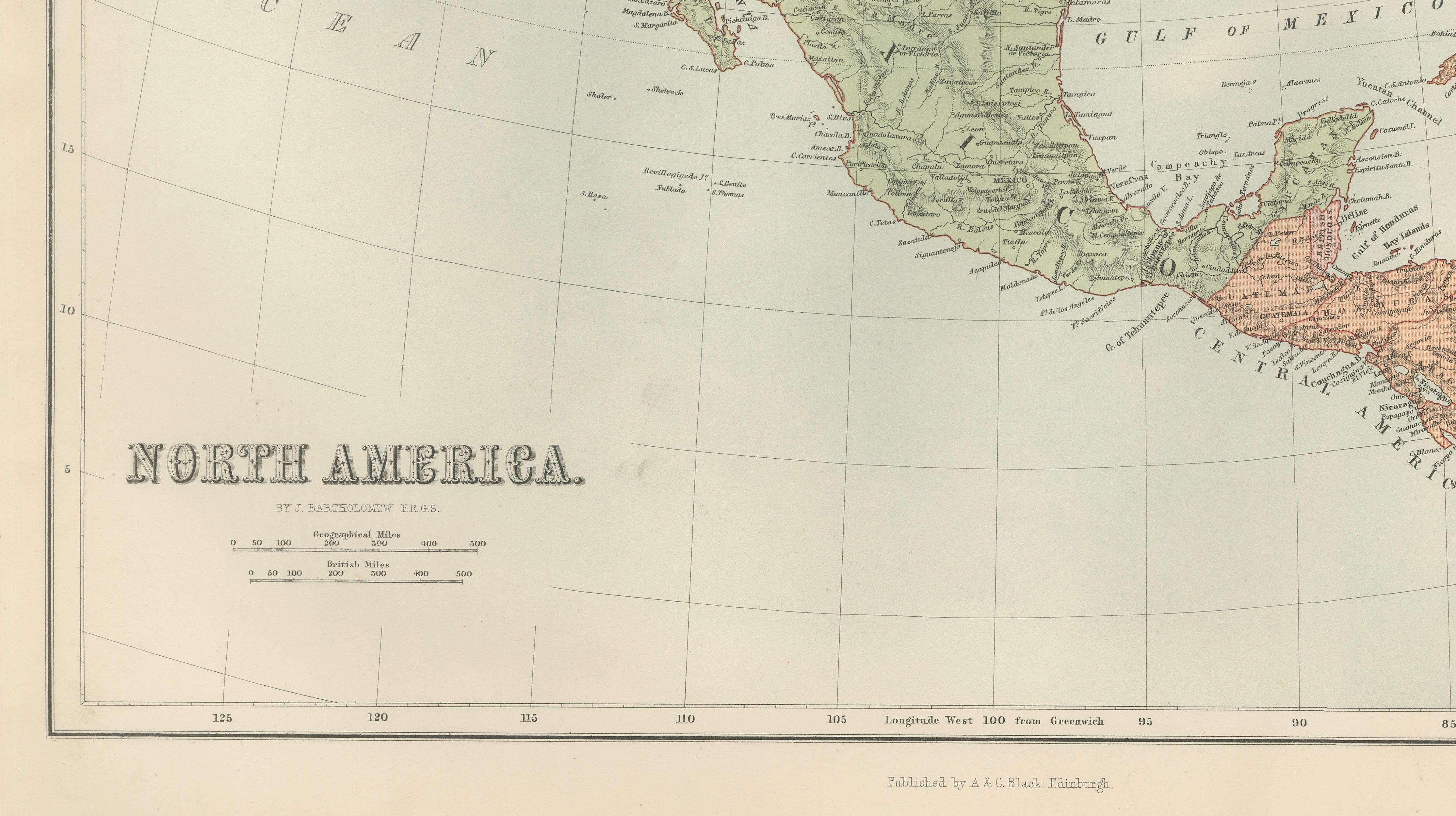 Antique North America Map, Canada, USA, Mexico, Bartholomew, 1884