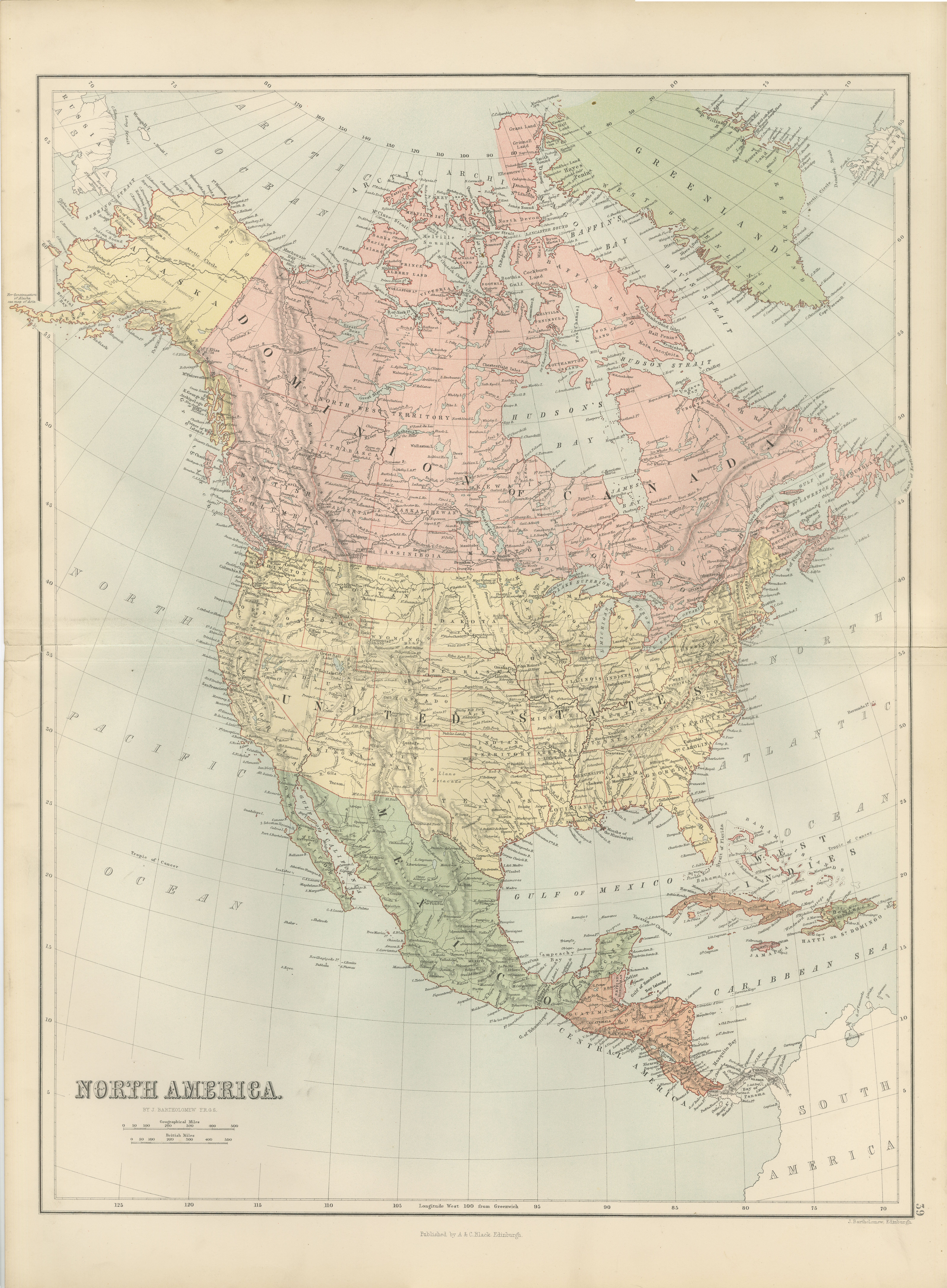 Antique North America Map, Canada, USA, Mexico, Bartholomew, 1884