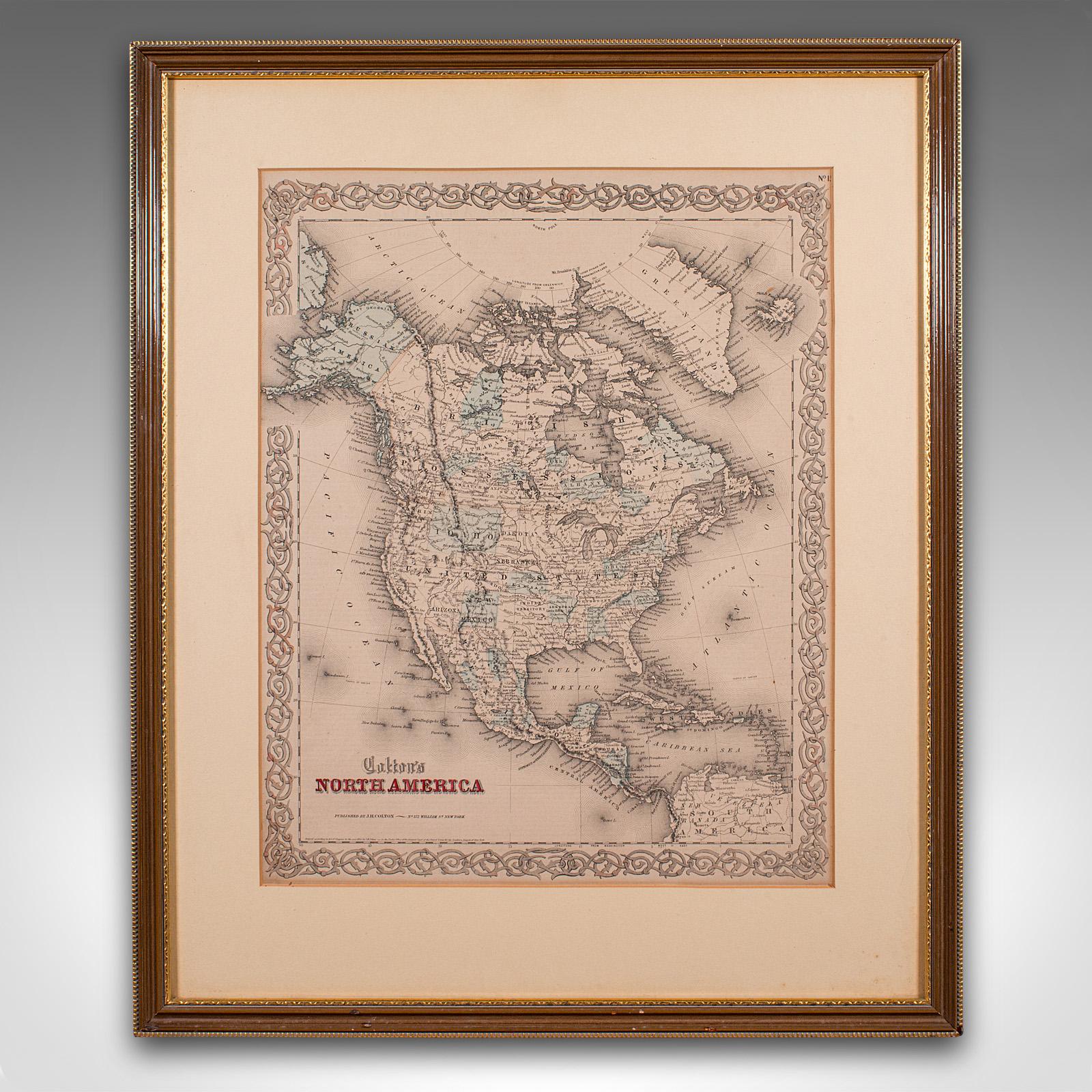
This is an antique North America map. A USA, framed lithography atlas engraving of the continent by JH Colton, dating to the Victorian period and later, circa 1860.

Fascinating, large framed map of the North American continent
Displays a desirable