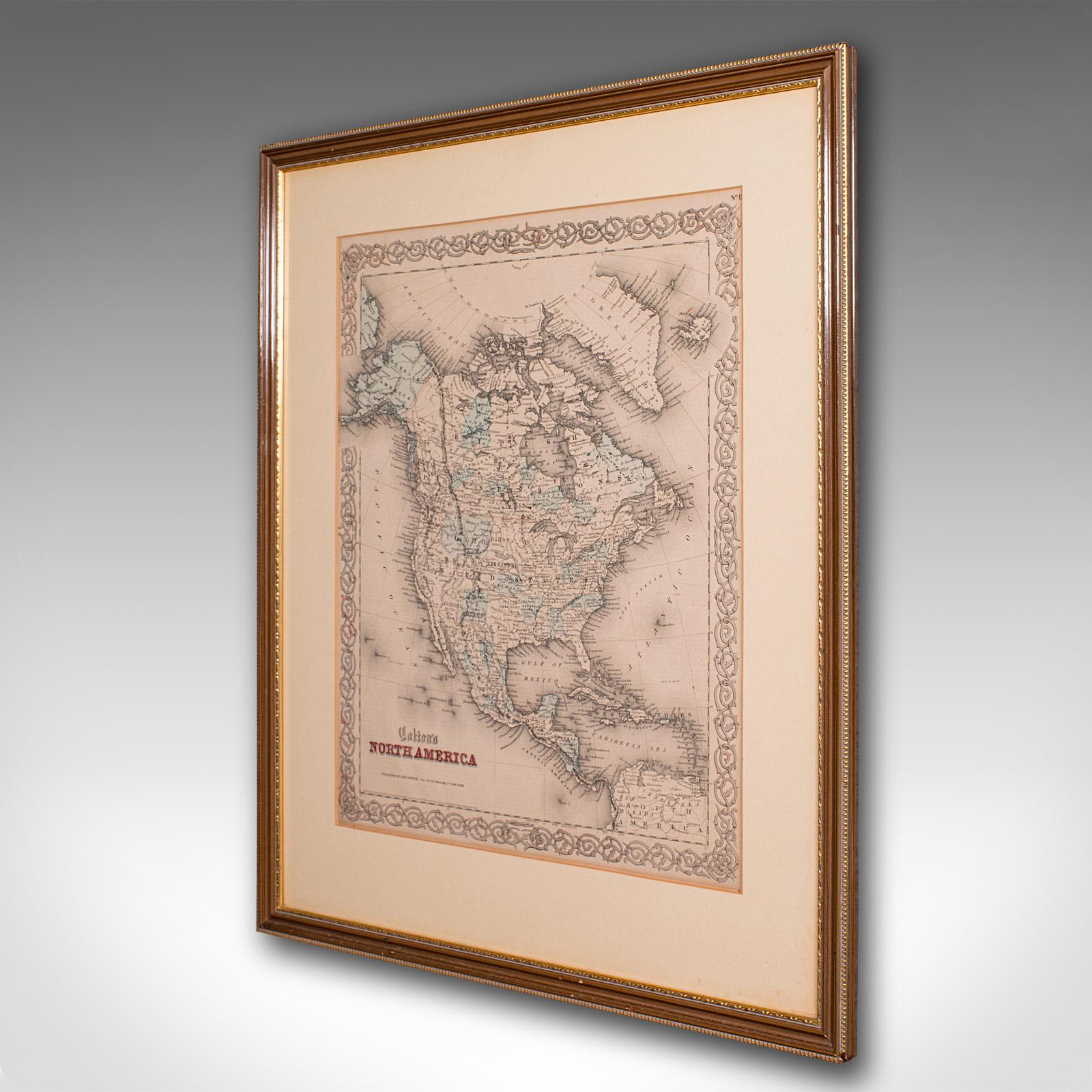 American Antique North America Map, USA, Canada, Mexico, Cartography, Colton, Victorian For Sale