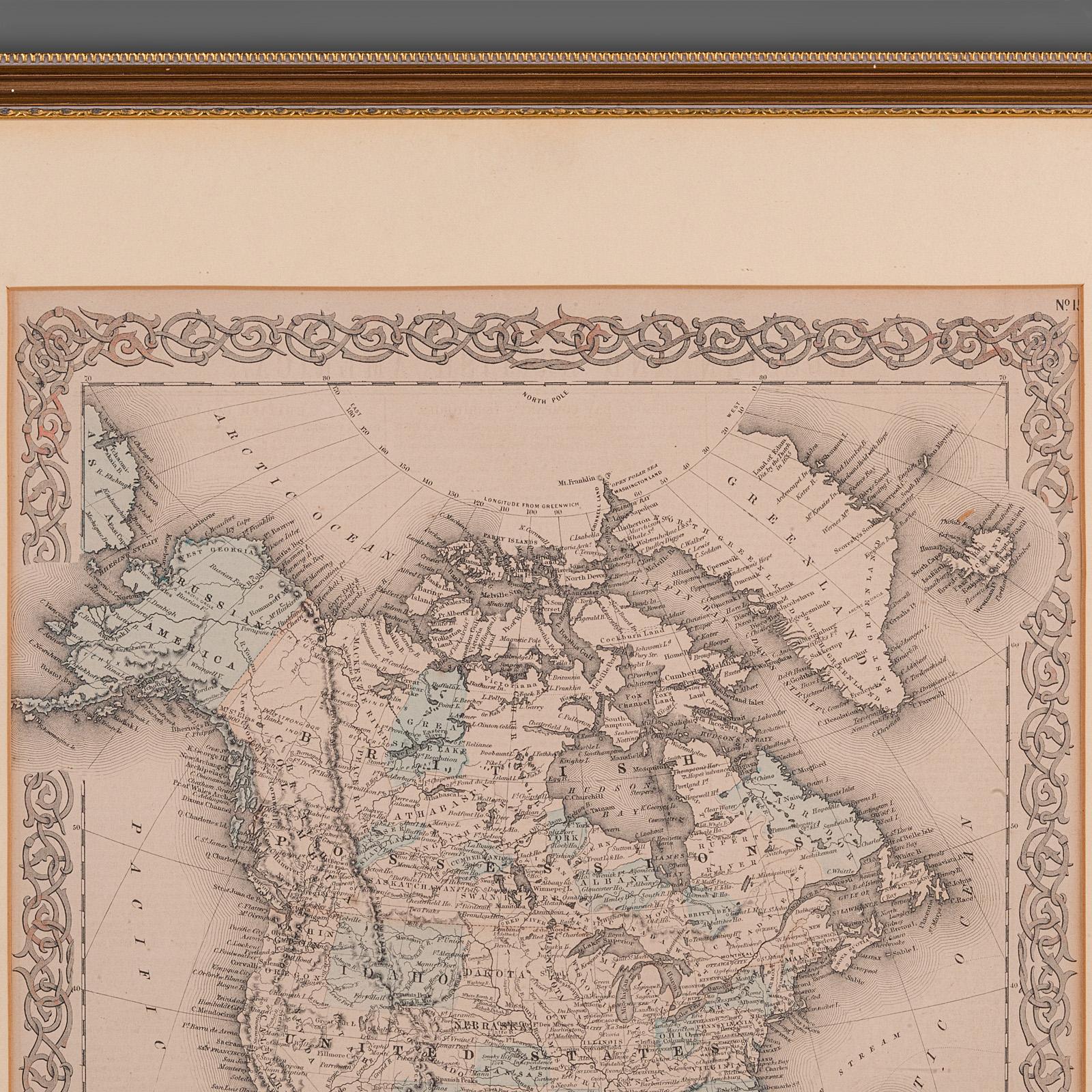 19th Century Antique North America Map, USA, Canada, Mexico, Cartography, Colton, Victorian For Sale
