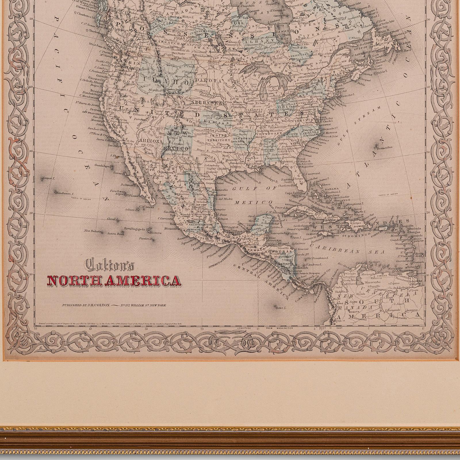 Paper Antique North America Map, USA, Canada, Mexico, Cartography, Colton, Victorian For Sale