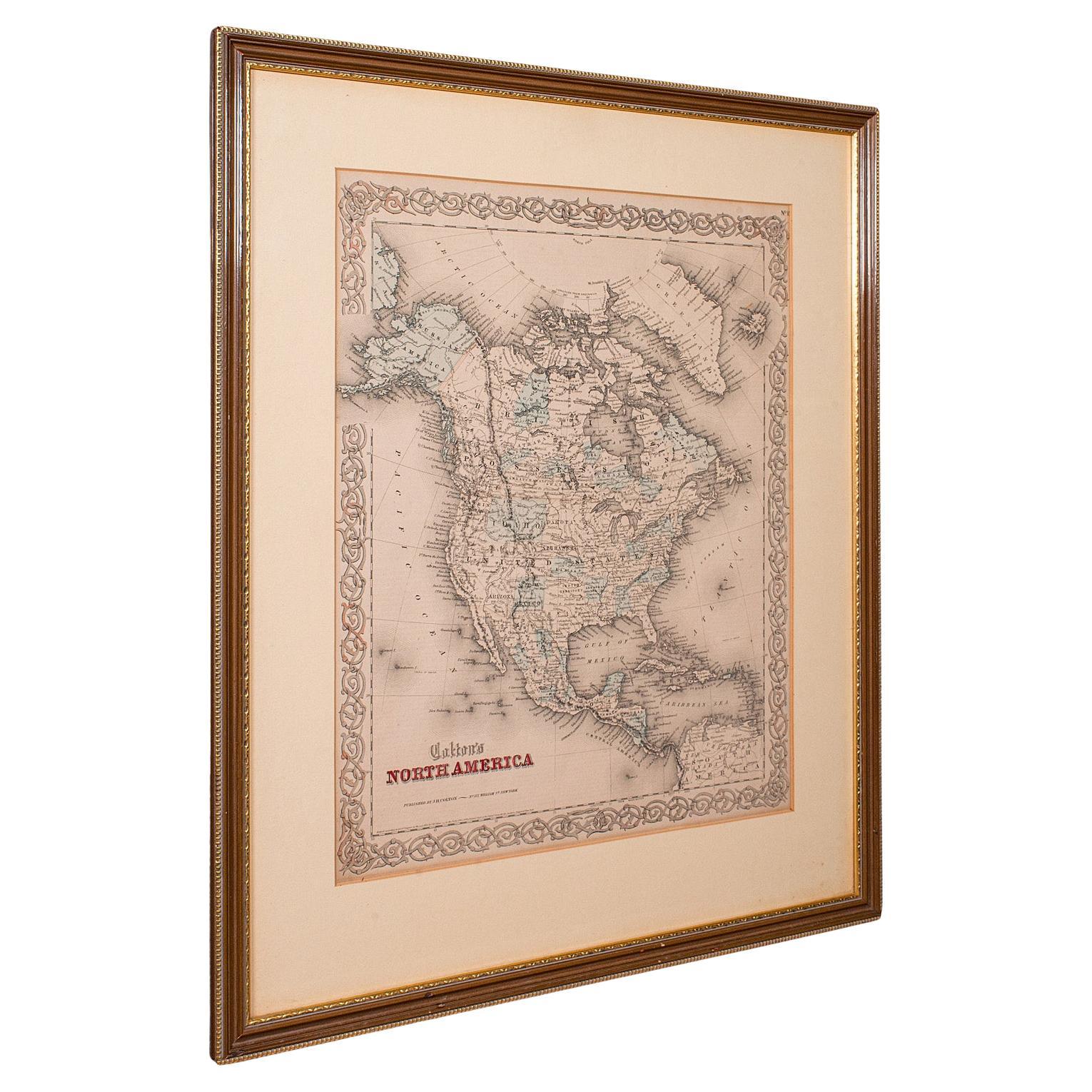 Antique North America Map, USA, Canada, Mexico, Cartography, Colton, Victorian