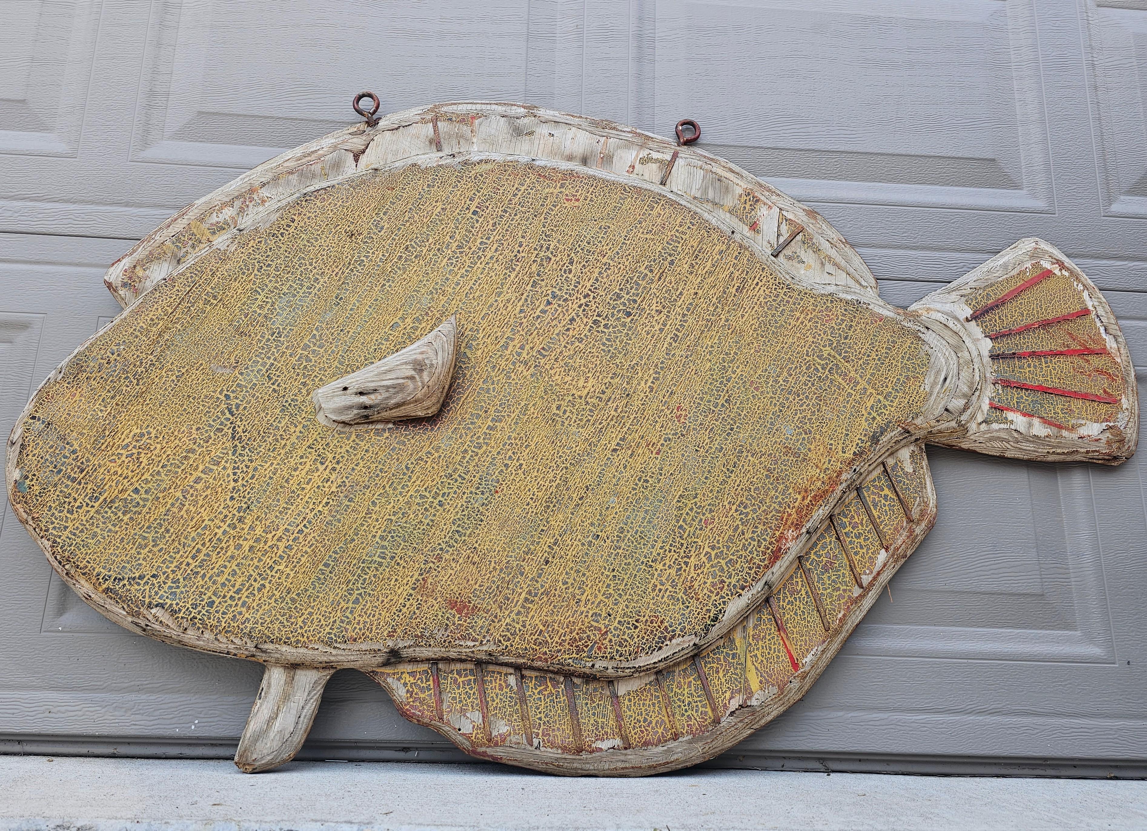 American Antique North Carolina Bait Shop Retail Flounder Fish Painted Wood Trade Sign For Sale