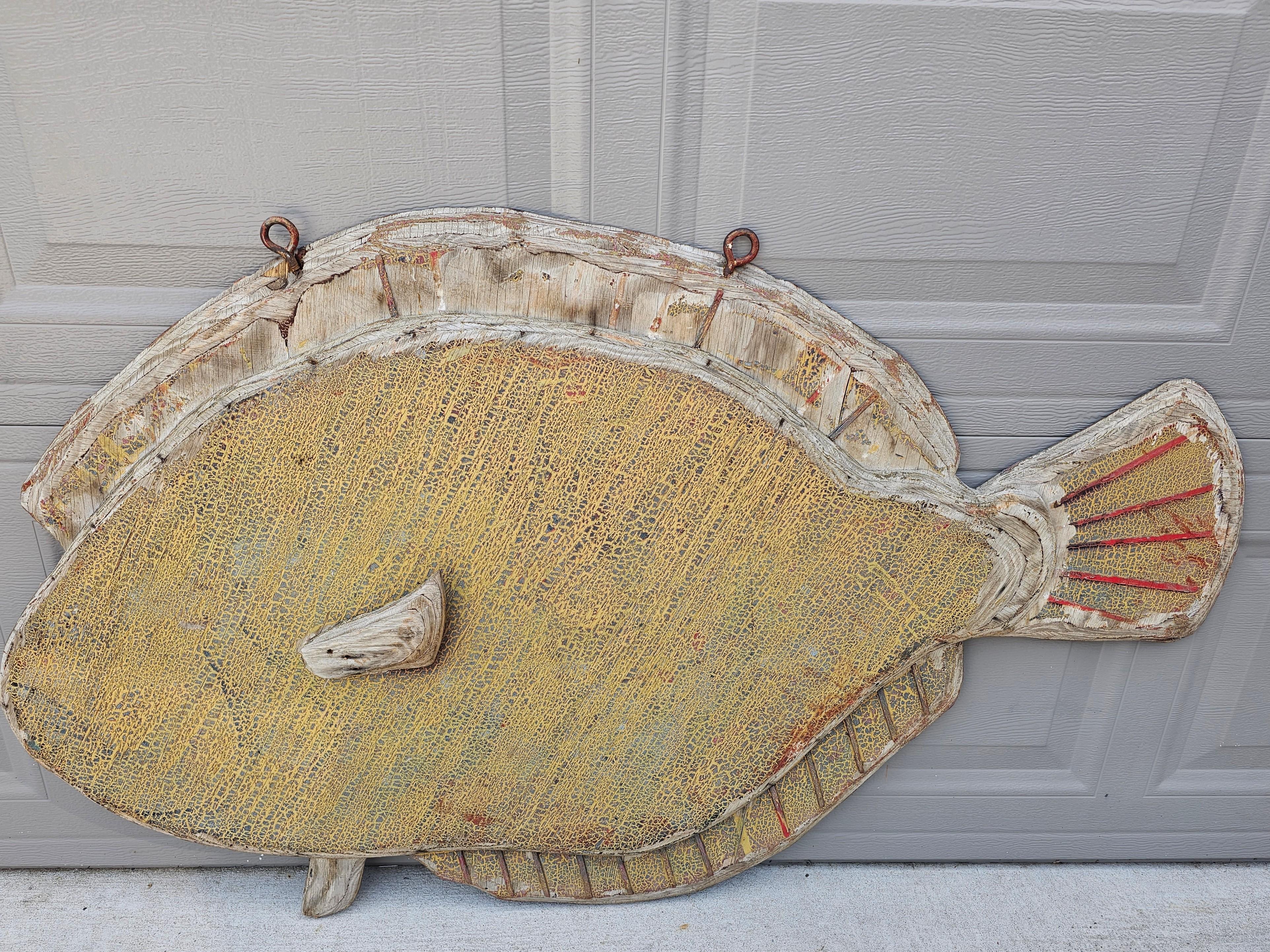 Hand-Crafted Antique North Carolina Bait Shop Retail Flounder Fish Painted Wood Trade Sign For Sale