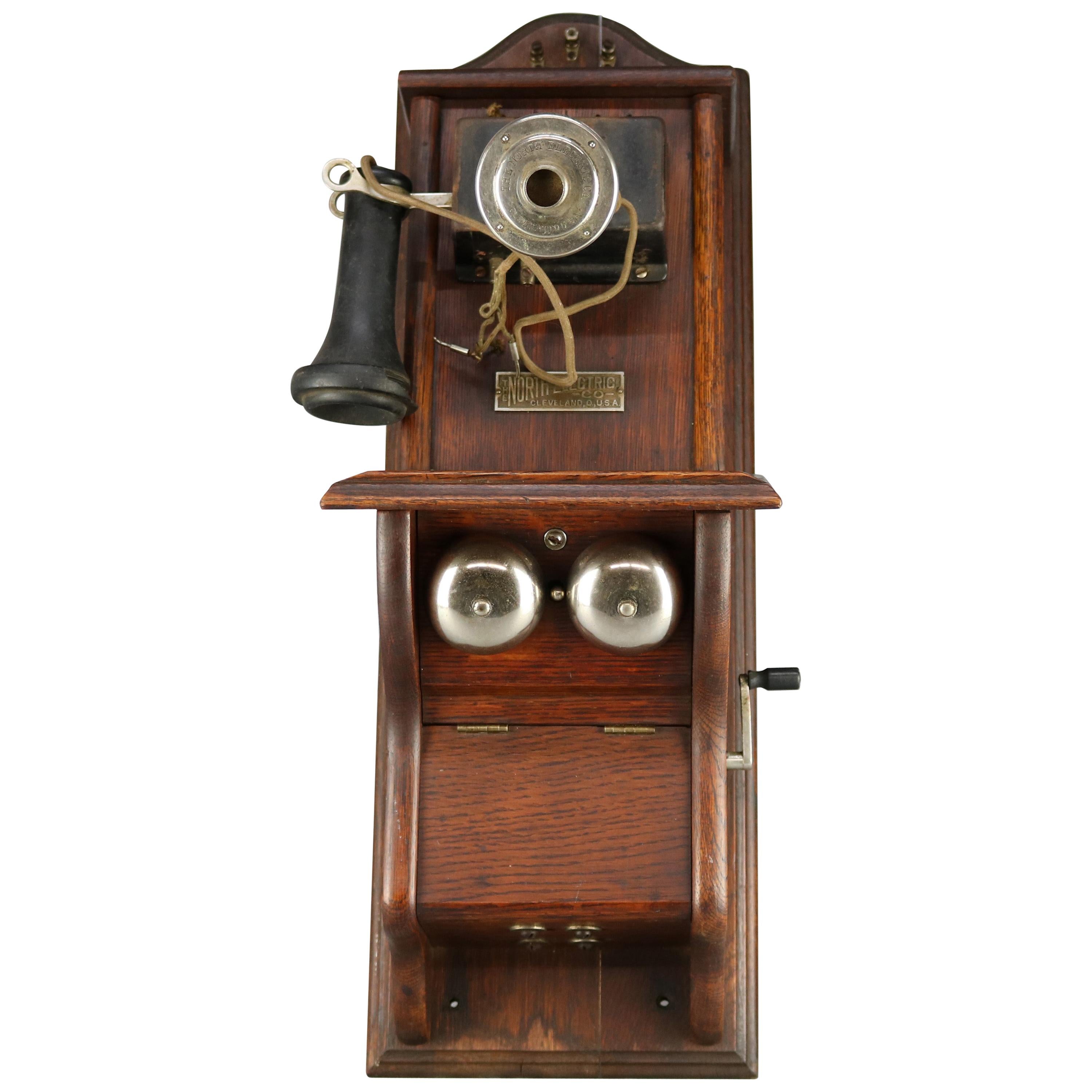 Antique North Electric Paddle Type Oak Wall Telephone, circa 1890