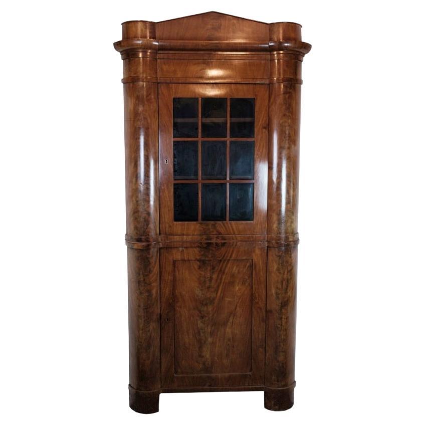 Antique Late Empire North German Corner Cabinet In Polished Mahogany From 1840s For Sale