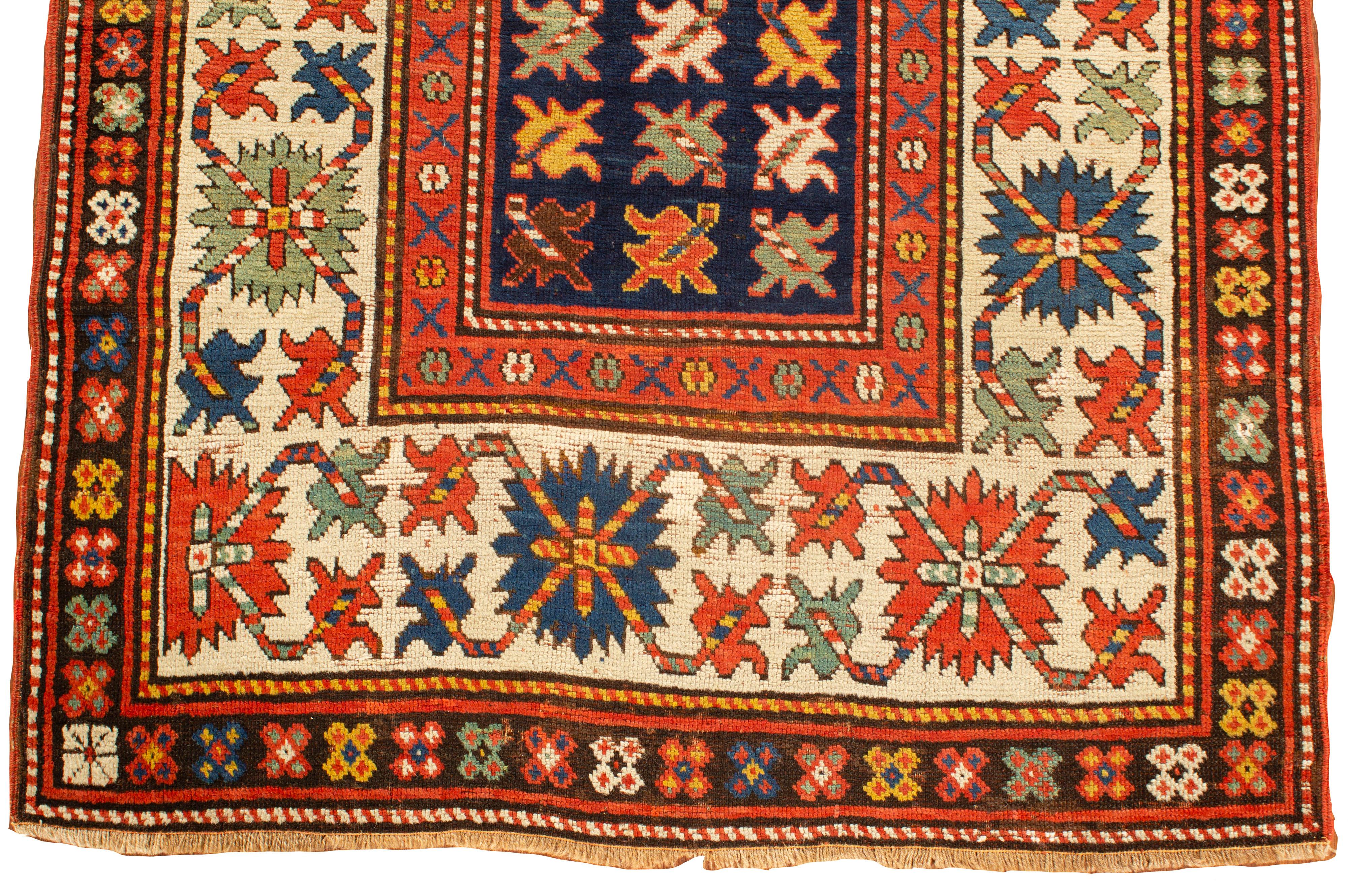 Antique North West Caucasian rug circa 1880, The Caucasus Mountains, between Persia and Russia are justly famous for their colorful, geometric antique scatter rugs and this is a fine example. Size: 3'5 x 7'7.