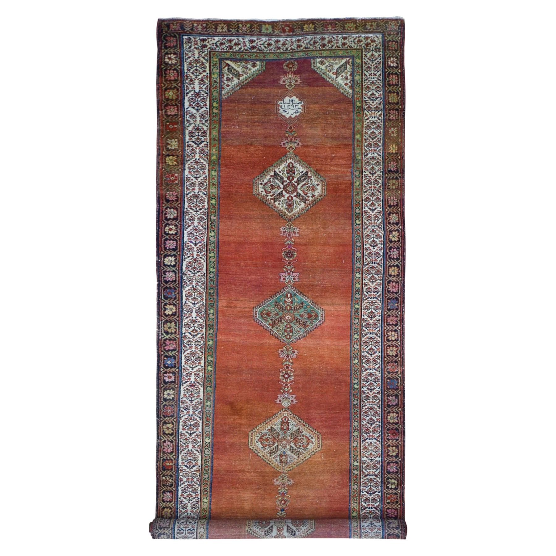 Antique North West Persian Runner, Dated 1876 Even Wear Red Wool Handknotted Rug For Sale