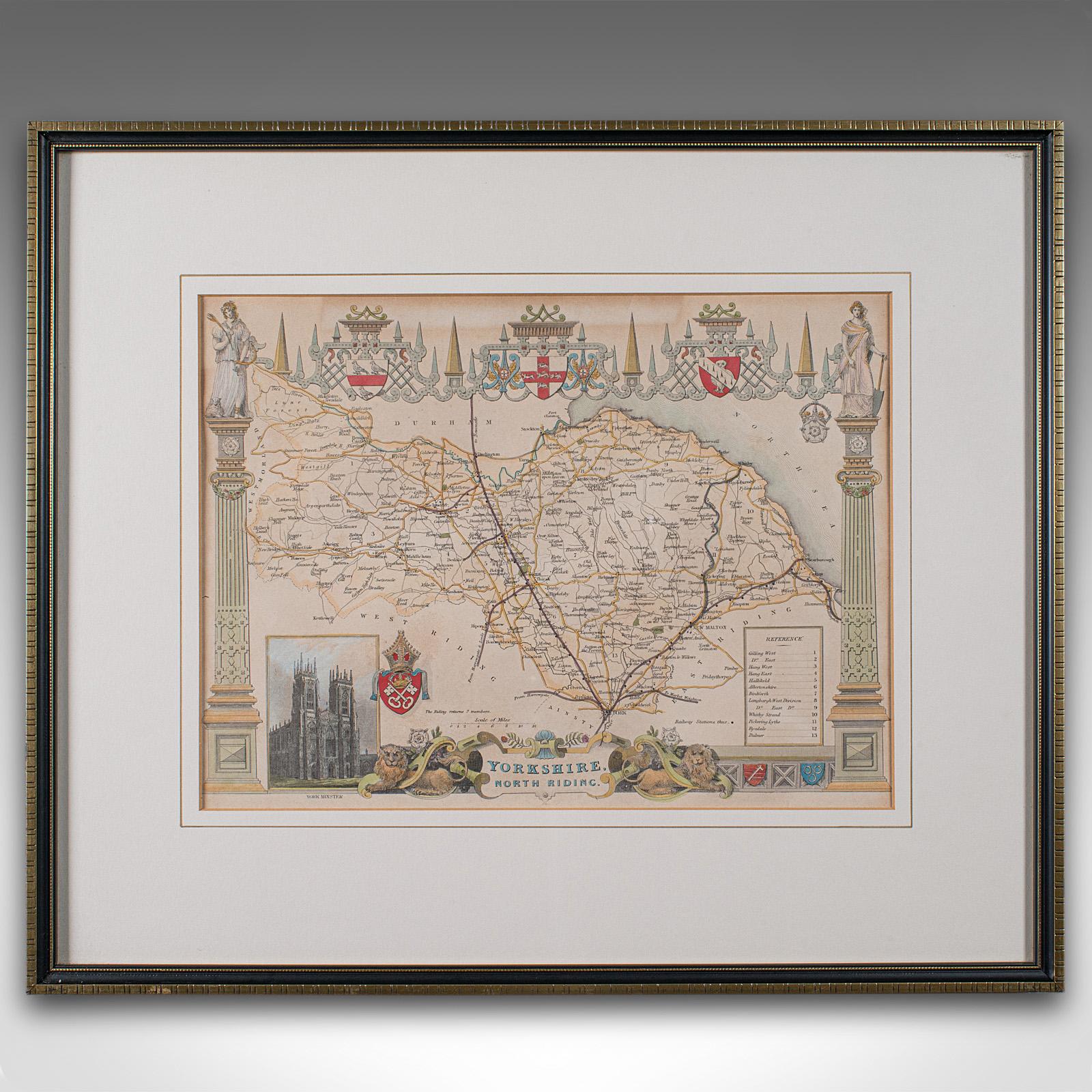 
Il s'agit d'une carte lithographique ancienne du Yorkshire du Nord. Gravure d'atlas anglaise encadrée, d'intérêt cartographique, datant du milieu du XIXe siècle ou plus tard.

Superbe lithographie du Yorkshire du Nord et des détails de son comté,