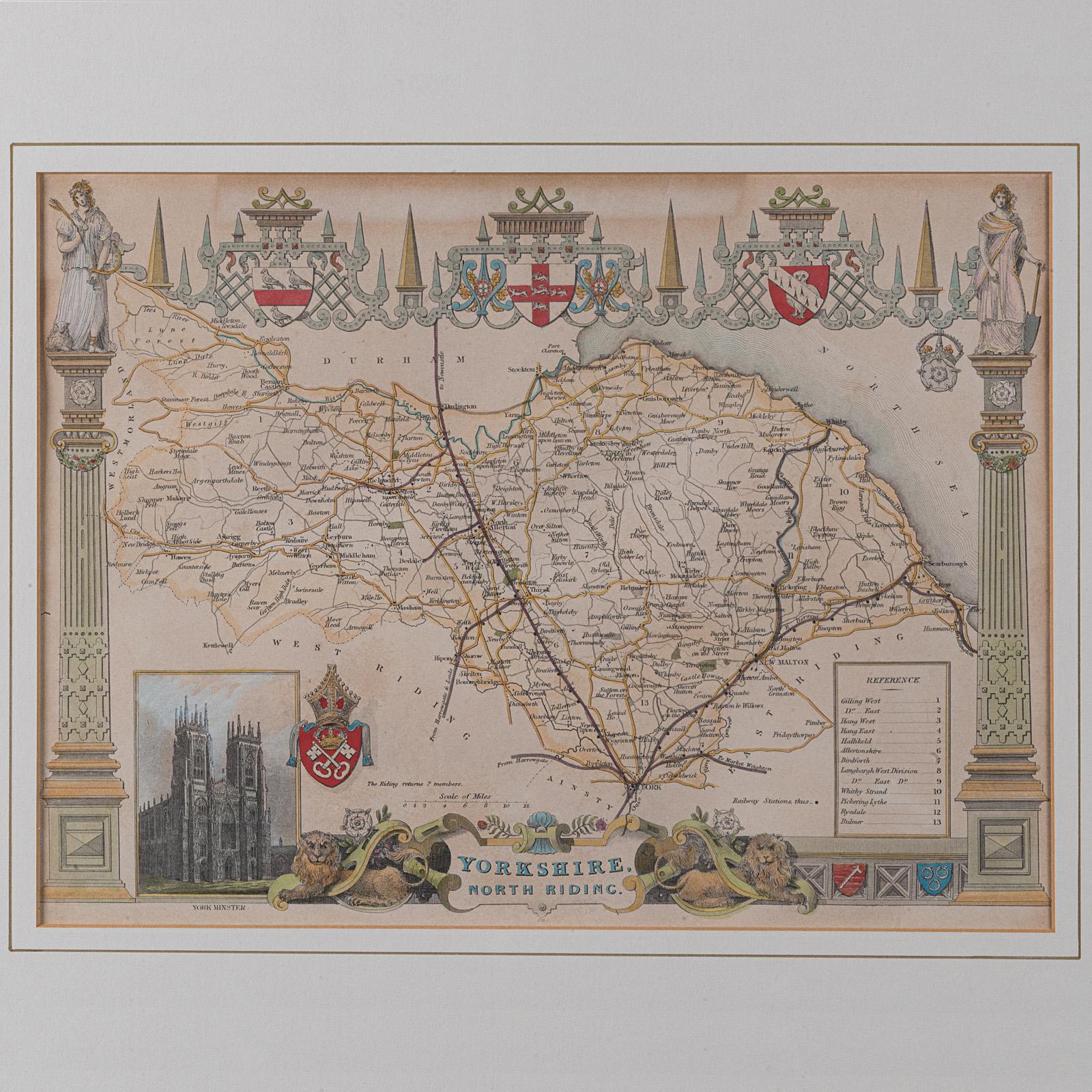 Britannique Carte ancienne du North Yorkshire, anglaise, lithographie encadrée, cartographie victorienne en vente