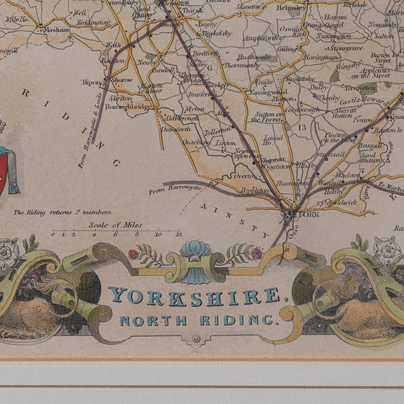 Carte ancienne du North Yorkshire, anglaise, lithographie encadrée, cartographie victorienne Bon état - En vente à Hele, Devon, GB