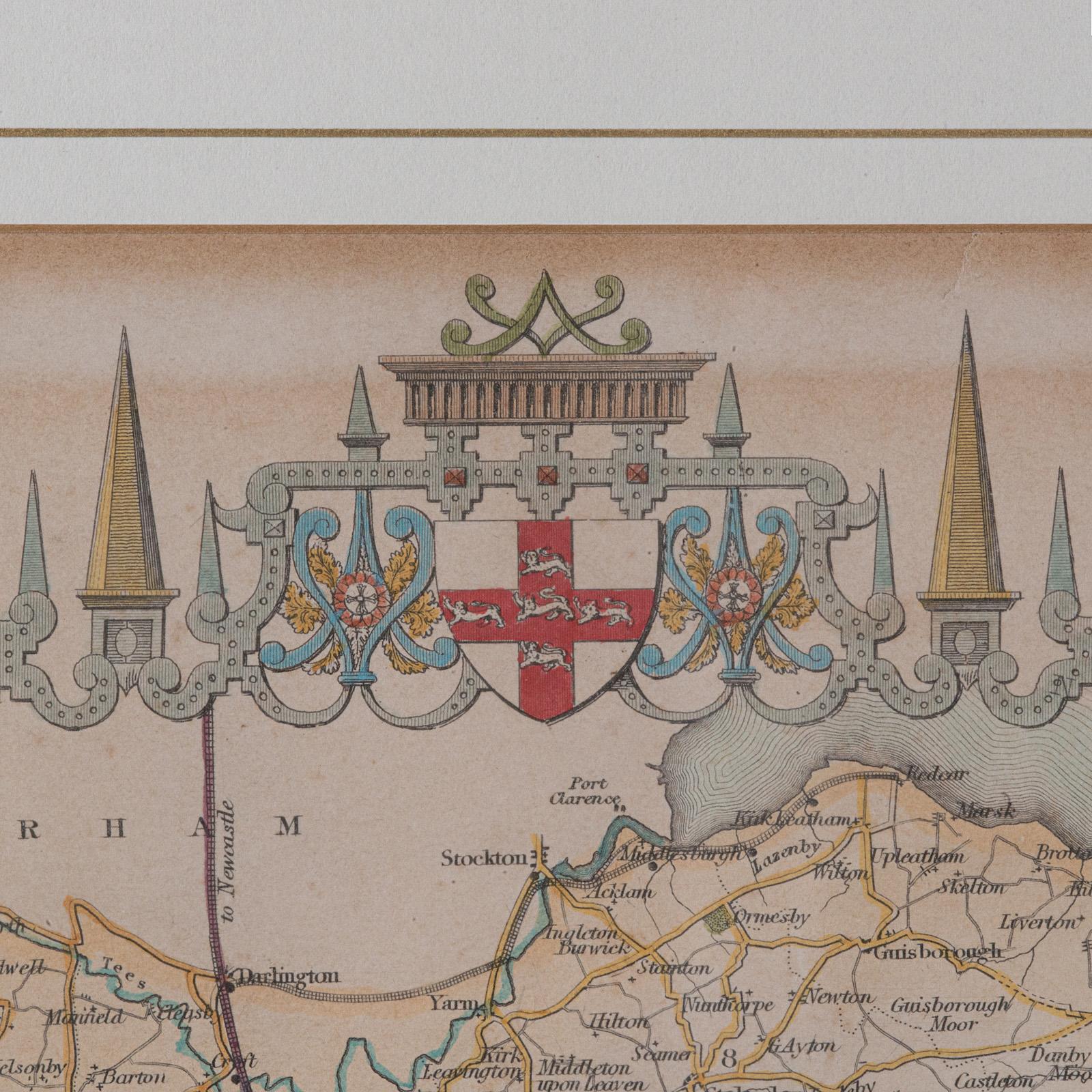 Papier Carte ancienne du North Yorkshire, anglaise, lithographie encadrée, cartographie victorienne en vente