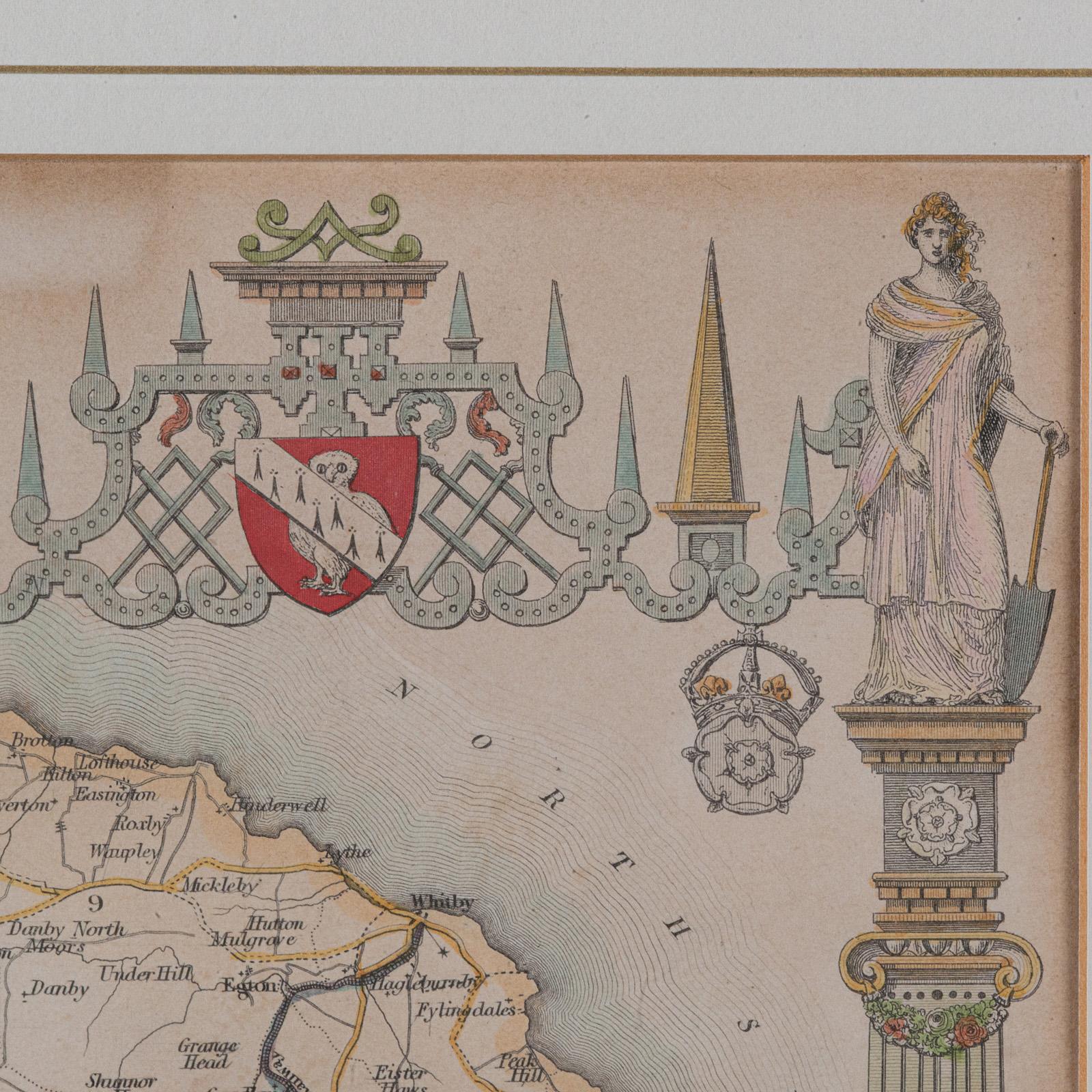 Carte ancienne du North Yorkshire, anglaise, lithographie encadrée, cartographie victorienne en vente 1