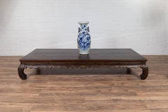 Antique Low Kang Opium Bed Coffee Table with Chow Legs and Hand Carved Frieze