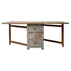 Antique Northern Swedish Country Drop Leaf Table in Solid Pine with Drawers