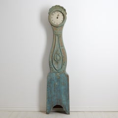 Antique Northern Swedish Long Case Clock, Rococo Style with Original Blue Paint