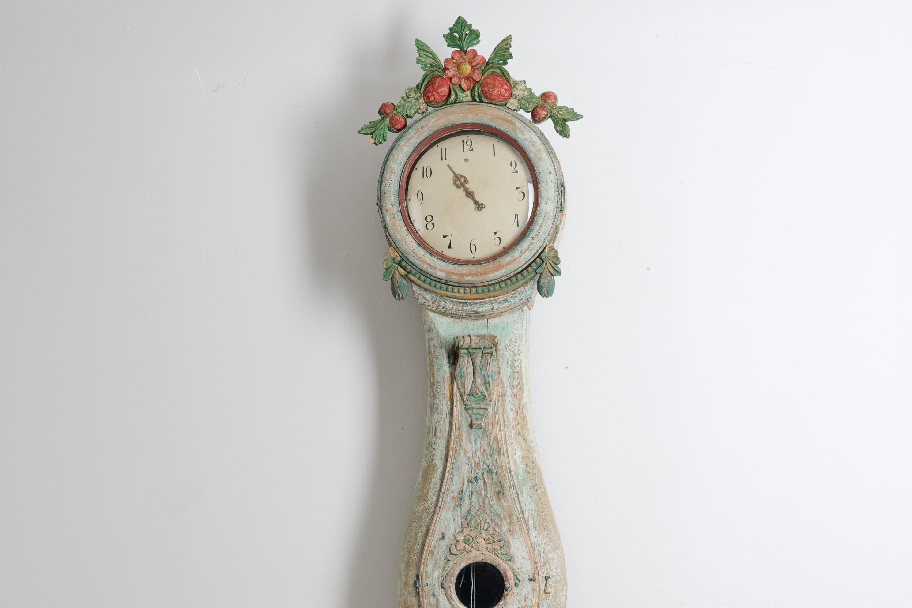 Country Antique Northern Swedish Long Case Clock with Carved Decor and Original Paint For Sale