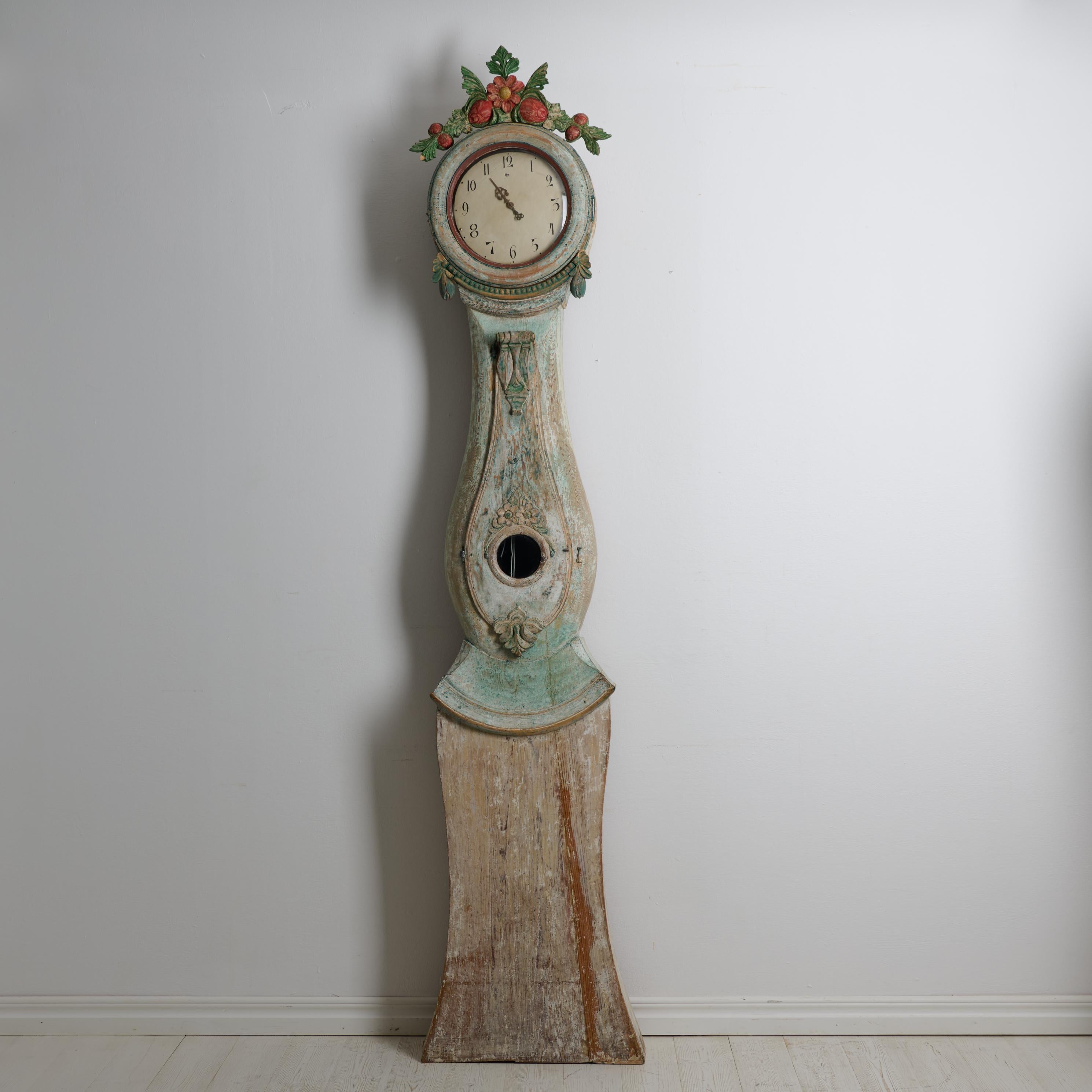 Hand-Crafted Antique Northern Swedish Long Case Clock with Carved Decor and Original Paint For Sale