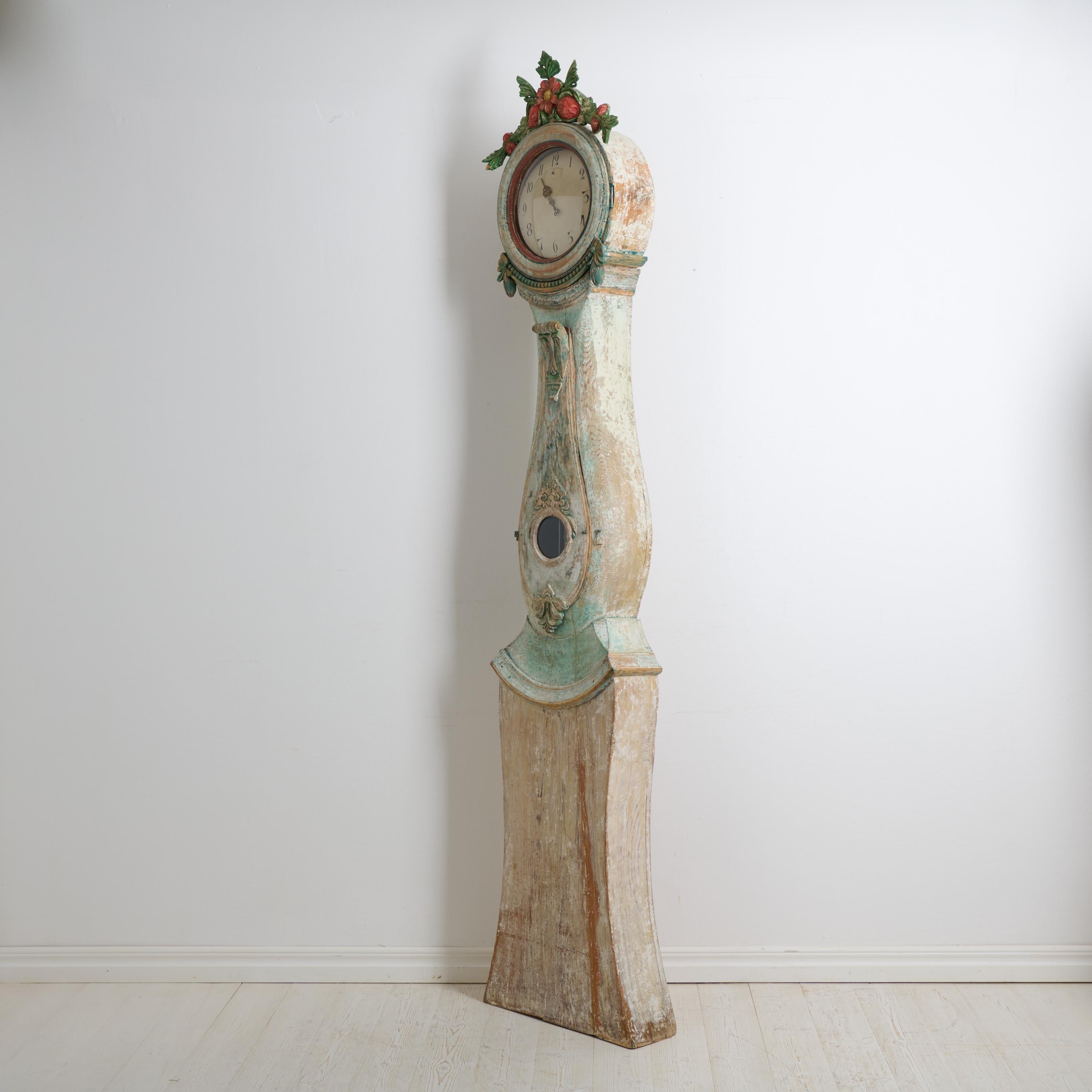 19th Century Antique Northern Swedish Long Case Clock with Carved Decor and Original Paint For Sale