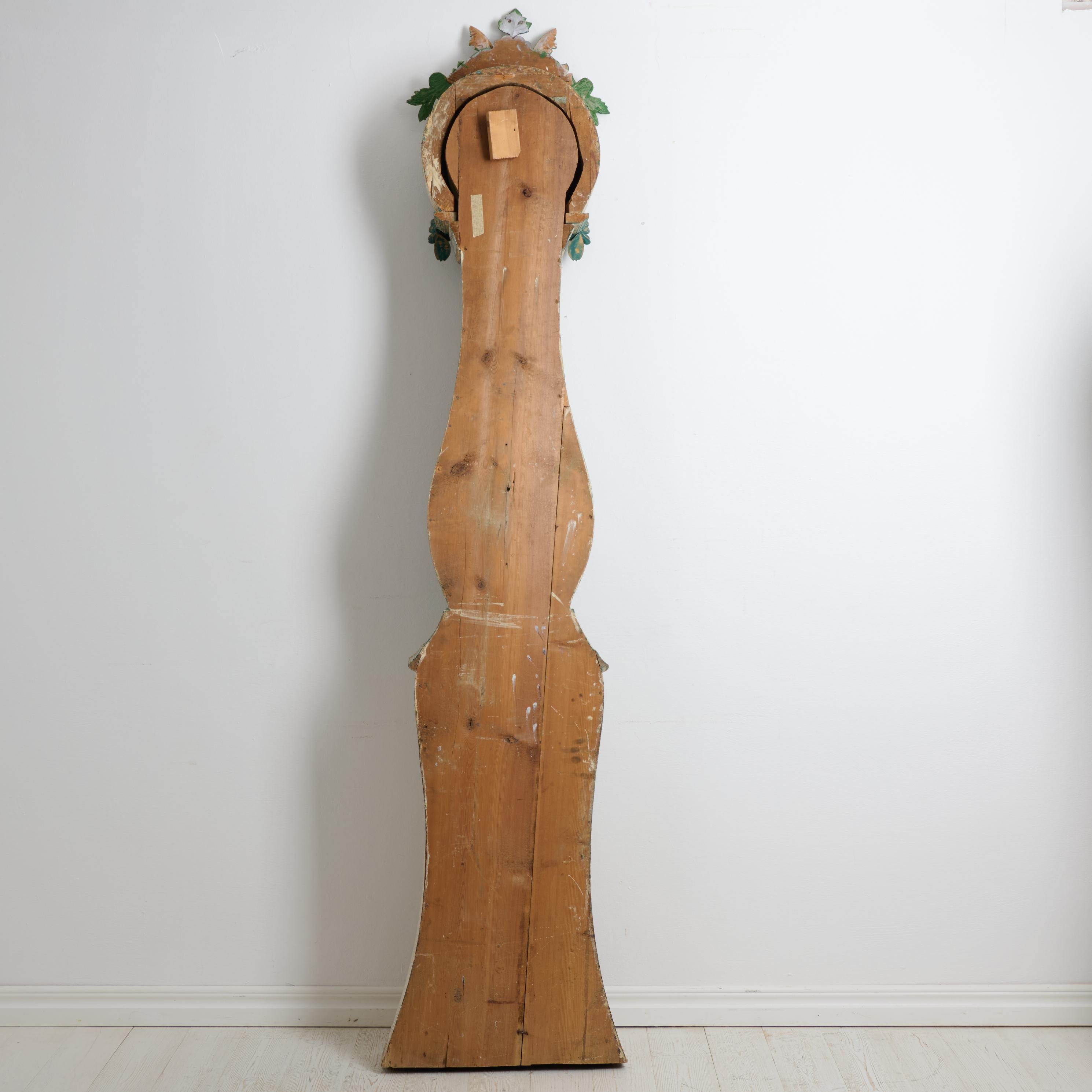 Pine Antique Northern Swedish Long Case Clock with Carved Decor and Original Paint For Sale