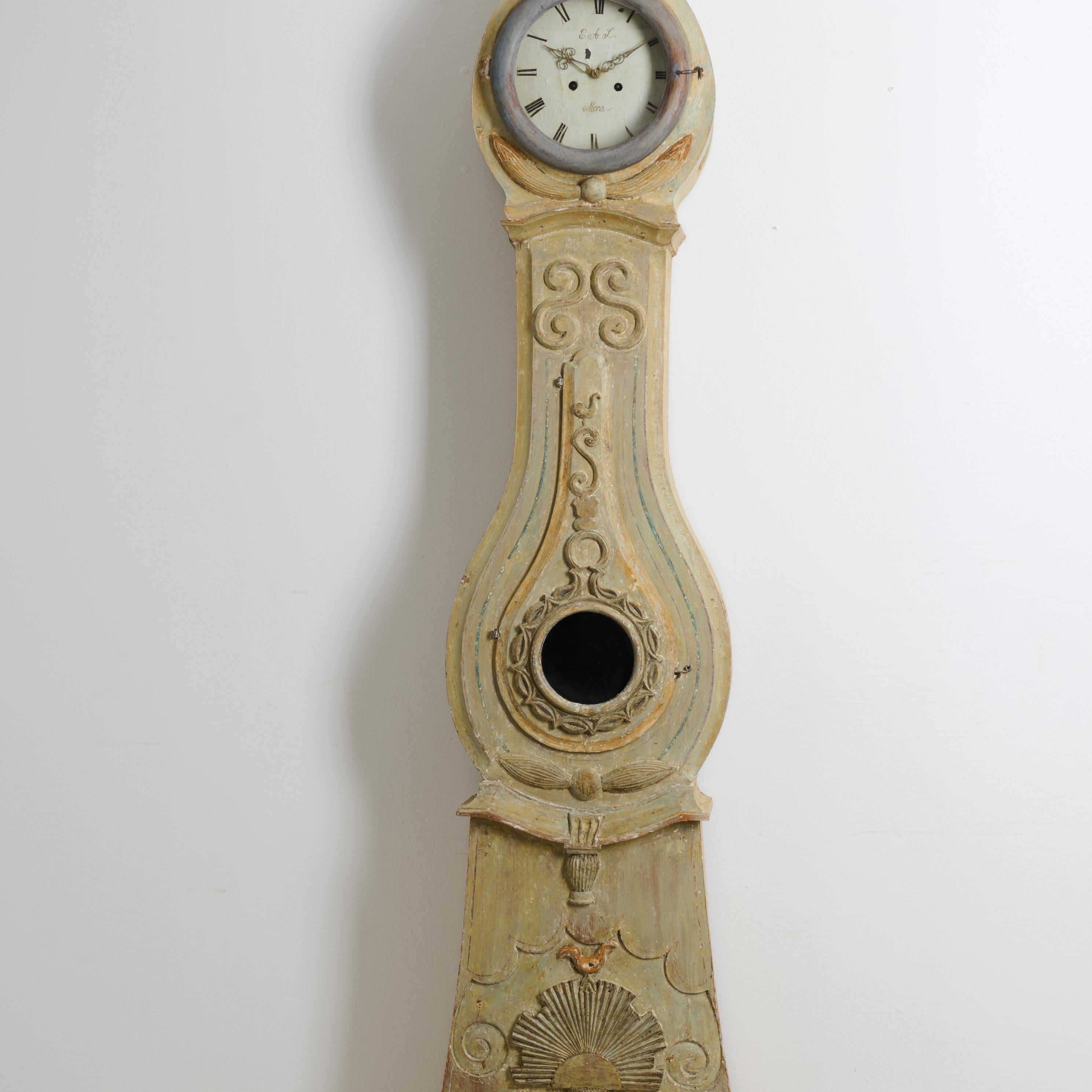 Gustavian Antique Northern Swedish Long Case Clock with Original Hand-Carved Decor For Sale