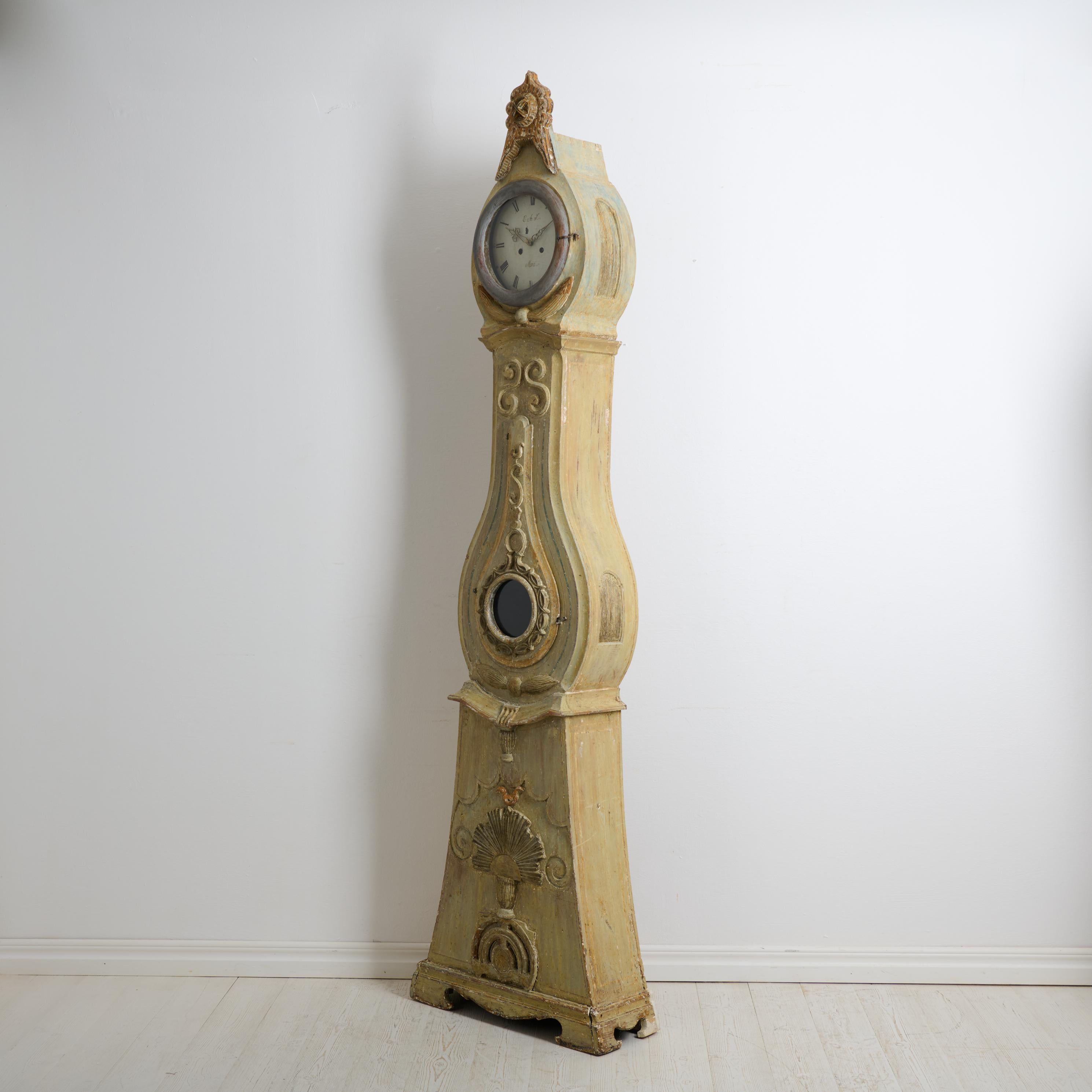 19th Century Antique Northern Swedish Long Case Clock with Original Hand-Carved Decor For Sale
