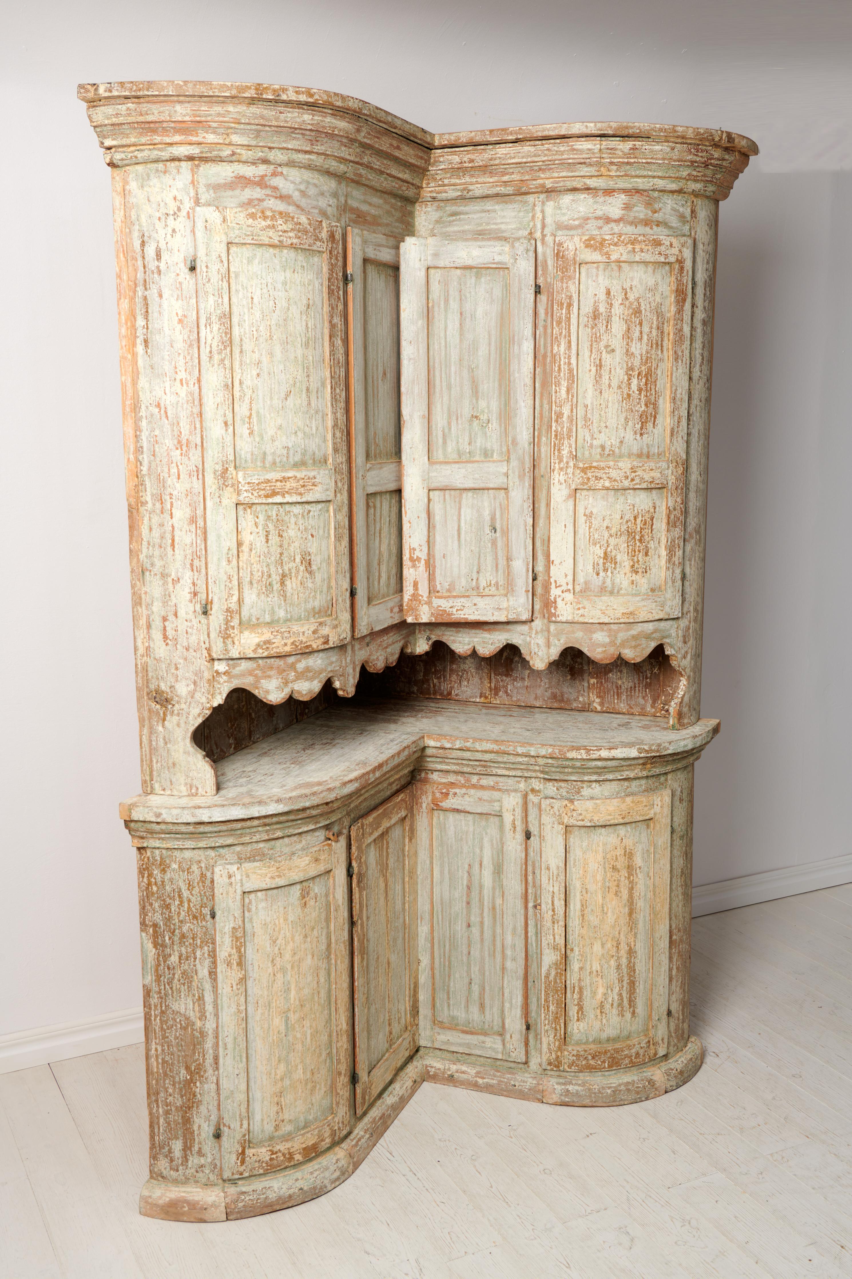 Pine Antique Northern Swedish Unusual Curved Corner Cabinet  For Sale