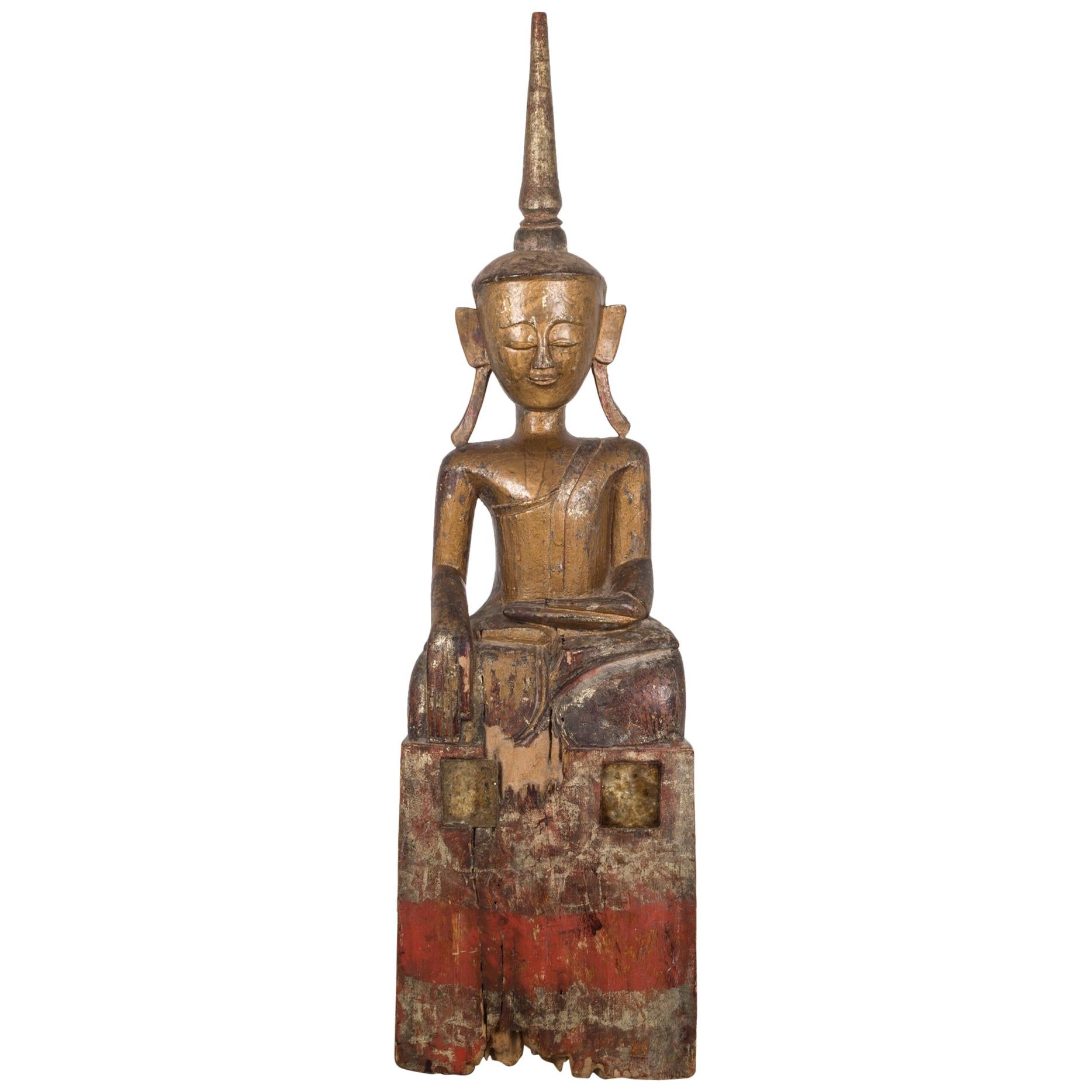 Antique Northern Thai Folk Art Wooden Buddha, circa 1900