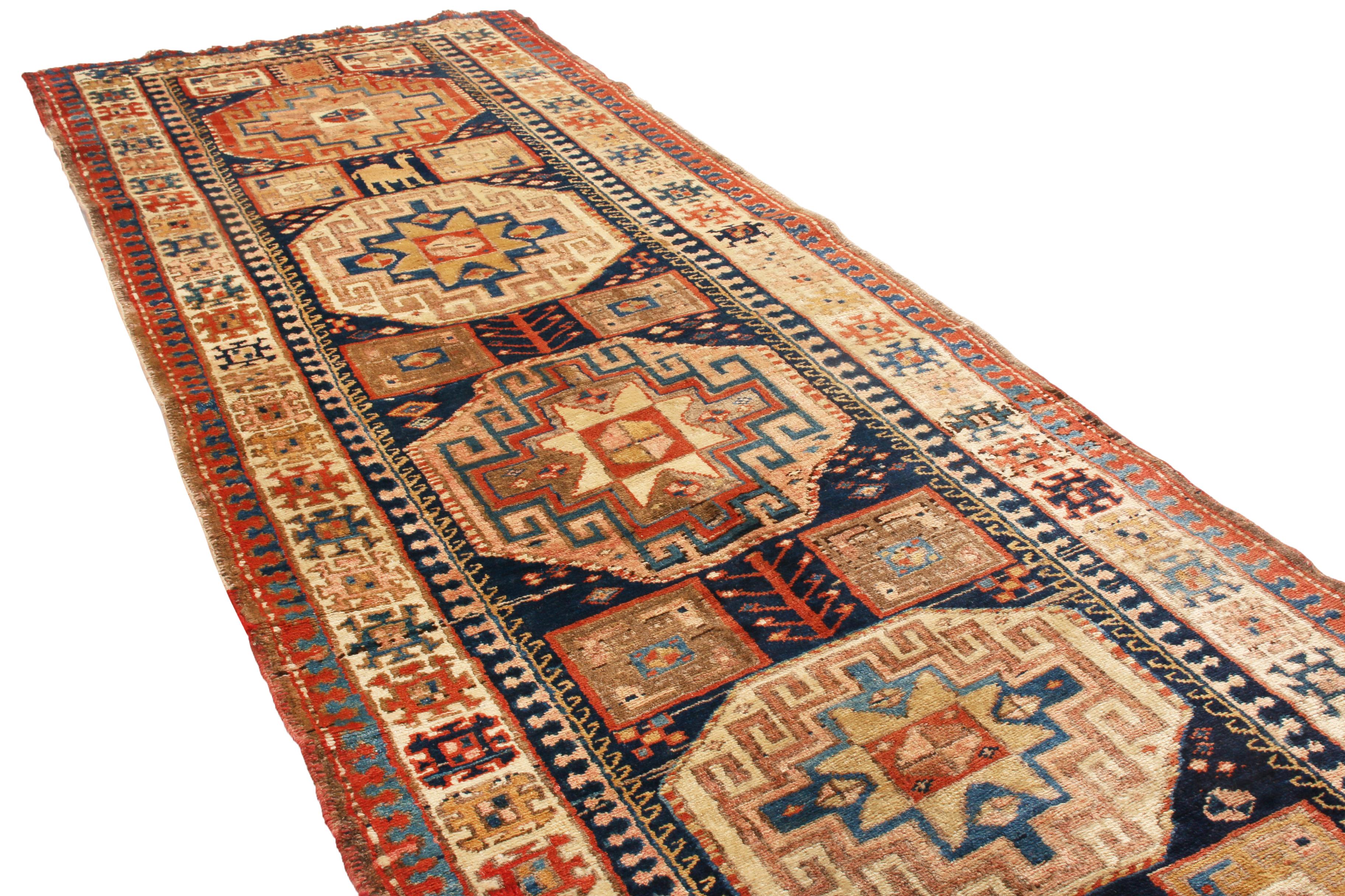 Hand-Knotted Antique Northwest Beige and Blue Wool Persian Runner by Rug & Kilim For Sale