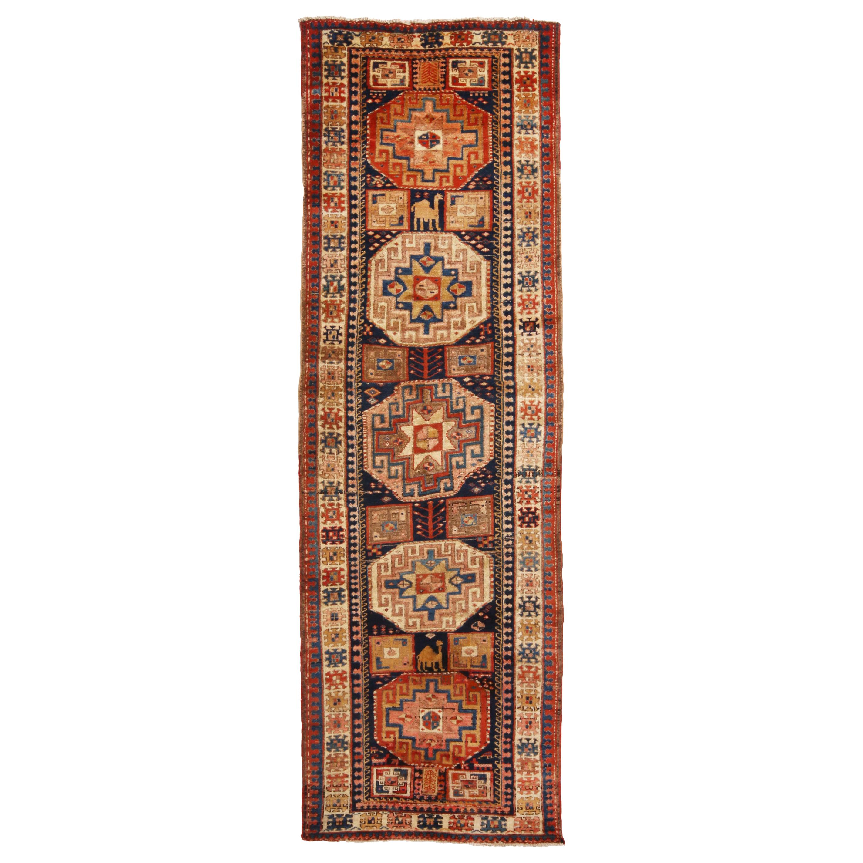 Antique Northwest Beige and Blue Wool Persian Runner by Rug & Kilim For Sale