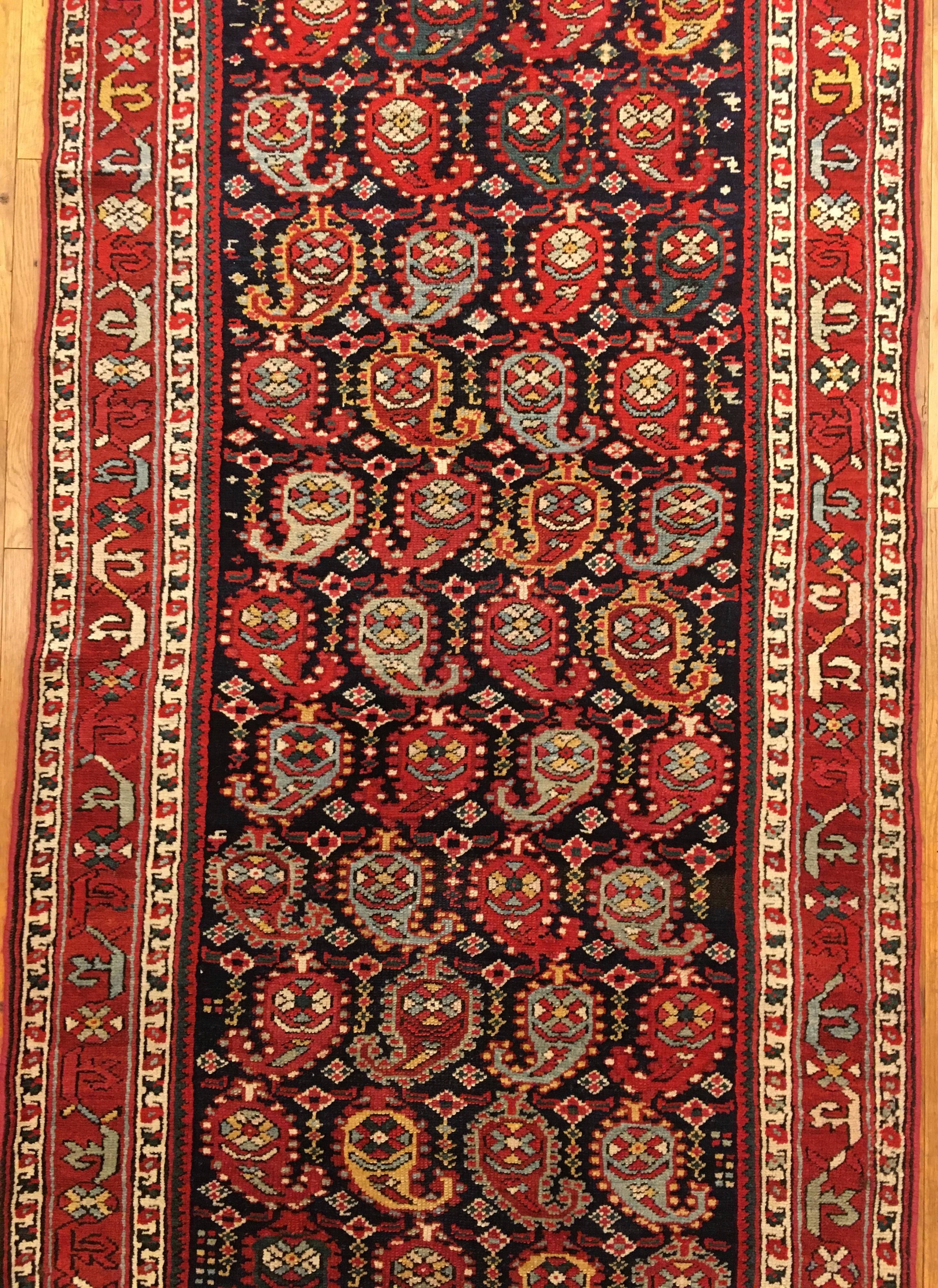 Hand-Knotted Antique Northwest Persian Oriental Rug, Runner Size, w/ Repeating Paisley Motifs For Sale