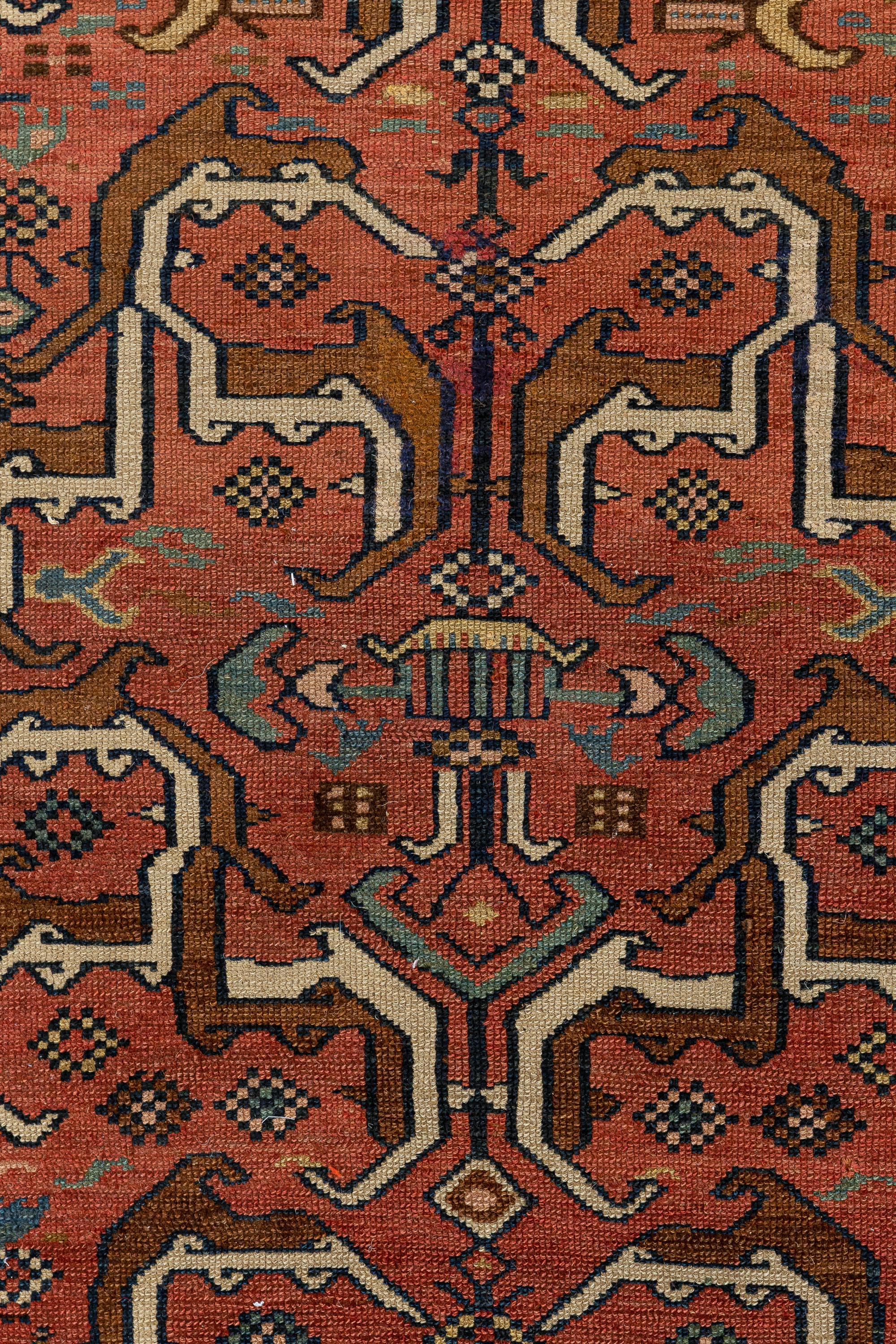 Northwest Persia

Stunning rug woven by a highly skilled artist in the late 19th century. The rug features a geometric pattern inspired by traditional designs from Northwestern Persia. The main field in cinnamon colour is covered by spaced geometric