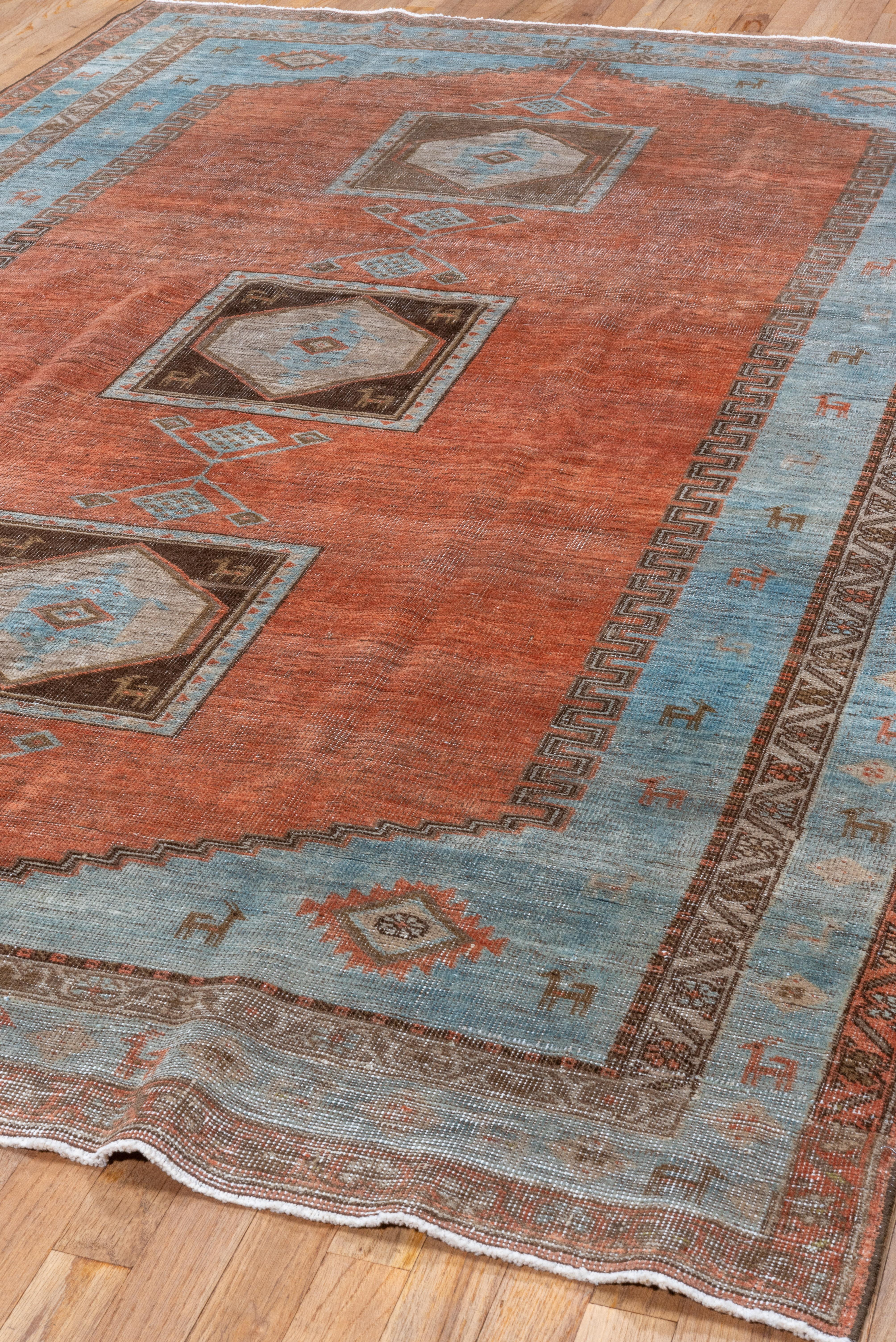 Hand-Knotted Antique Northwest Persian Rug, Rust Field, Light Blue Borders, circa 1930s For Sale