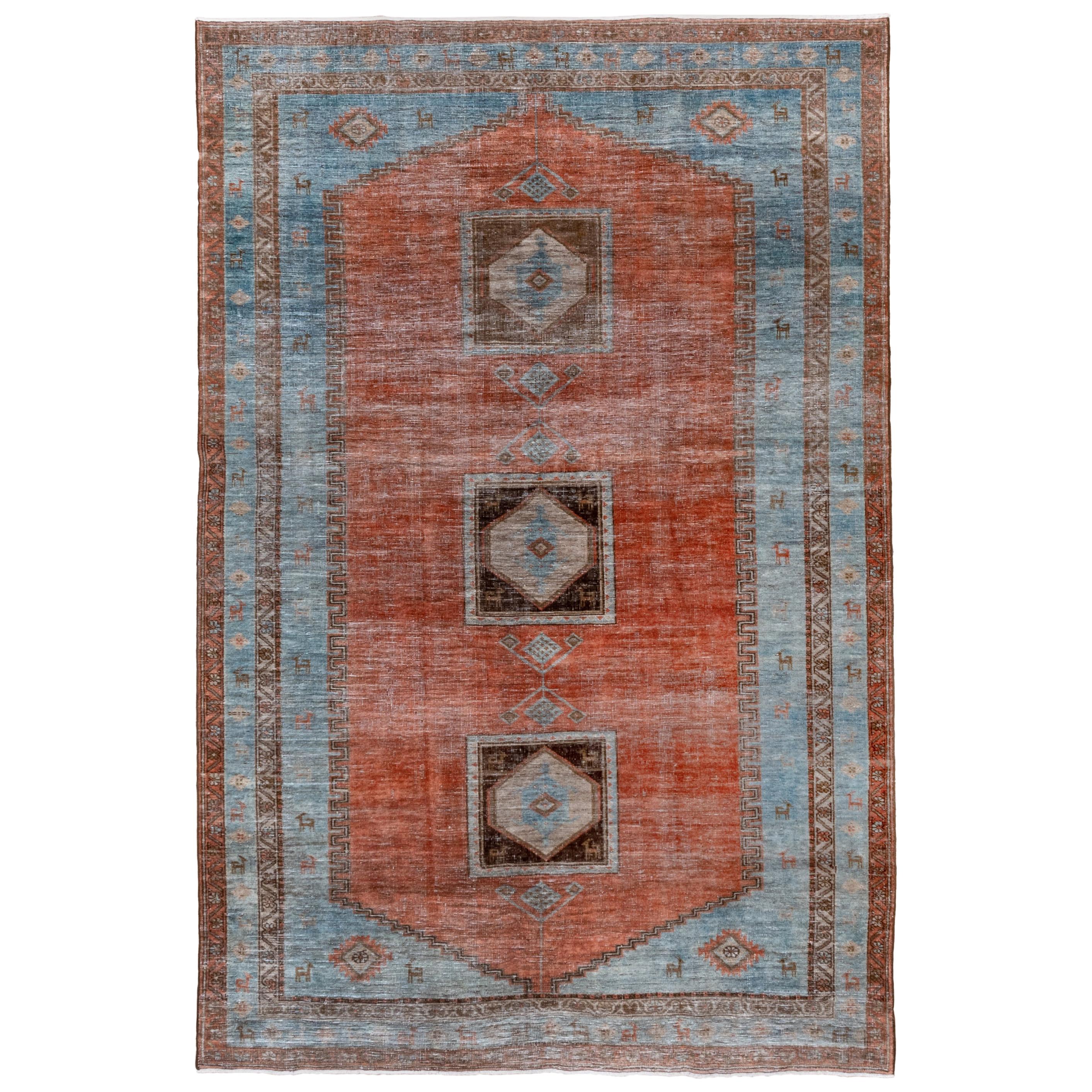 Antique Northwest Persian Rug, Rust Field, Light Blue Borders, circa 1930s For Sale