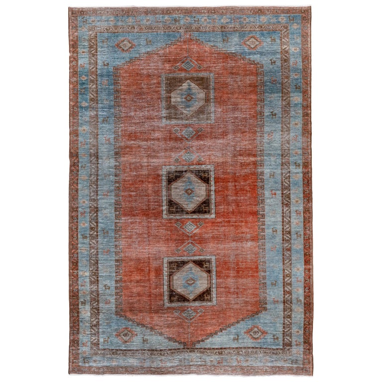 Antique Northwest Persian Rug, Rust Field, Light Blue Borders, circa