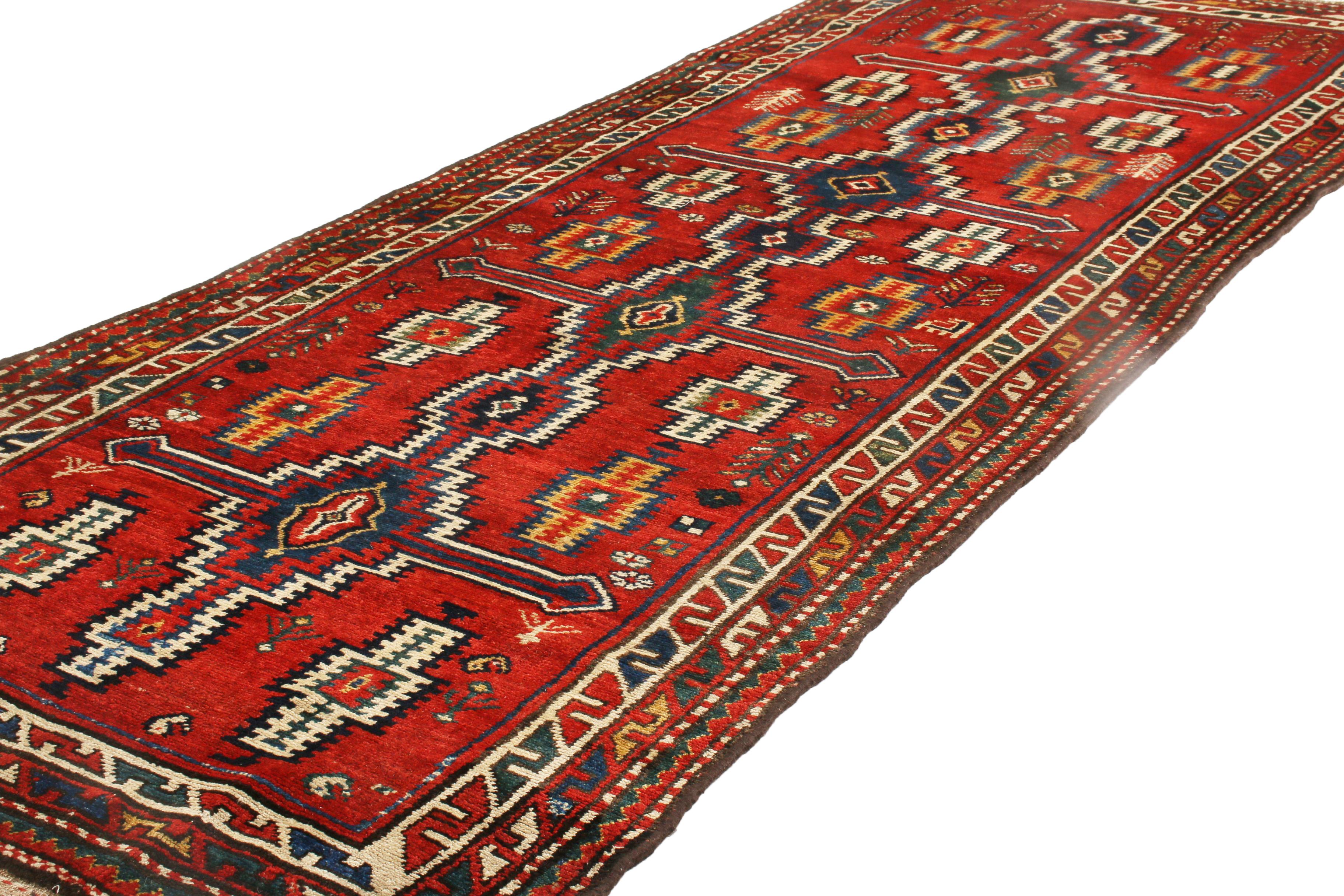 Hand-Knotted Antique Northwest Red and Beige Geometric Wool Persian Runner by Rug & Kilim For Sale
