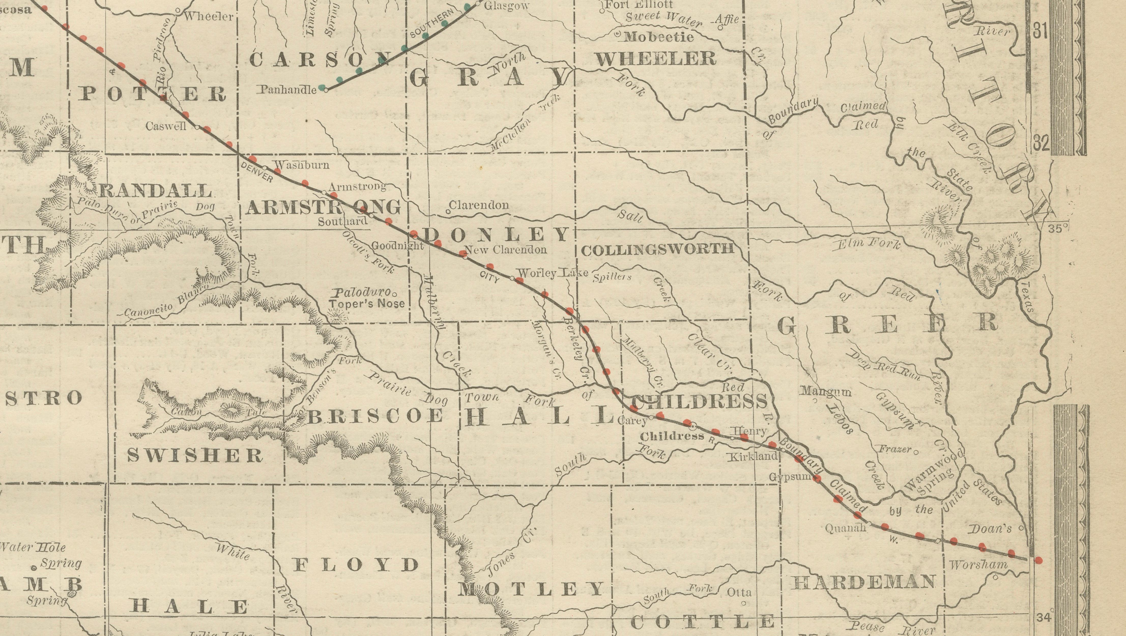 Antique Northwest Texas Map – Panhandle Railroads & Counties, Rand McNally, 1888