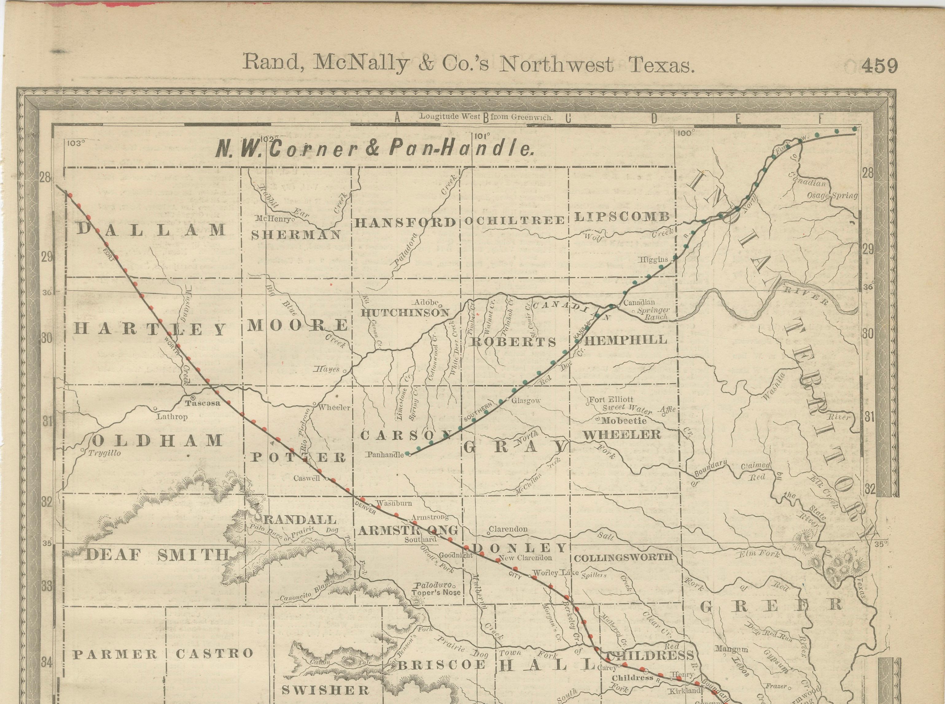 Antique Northwest Texas Map – Panhandle Railroads & Counties, Rand McNally, 1888