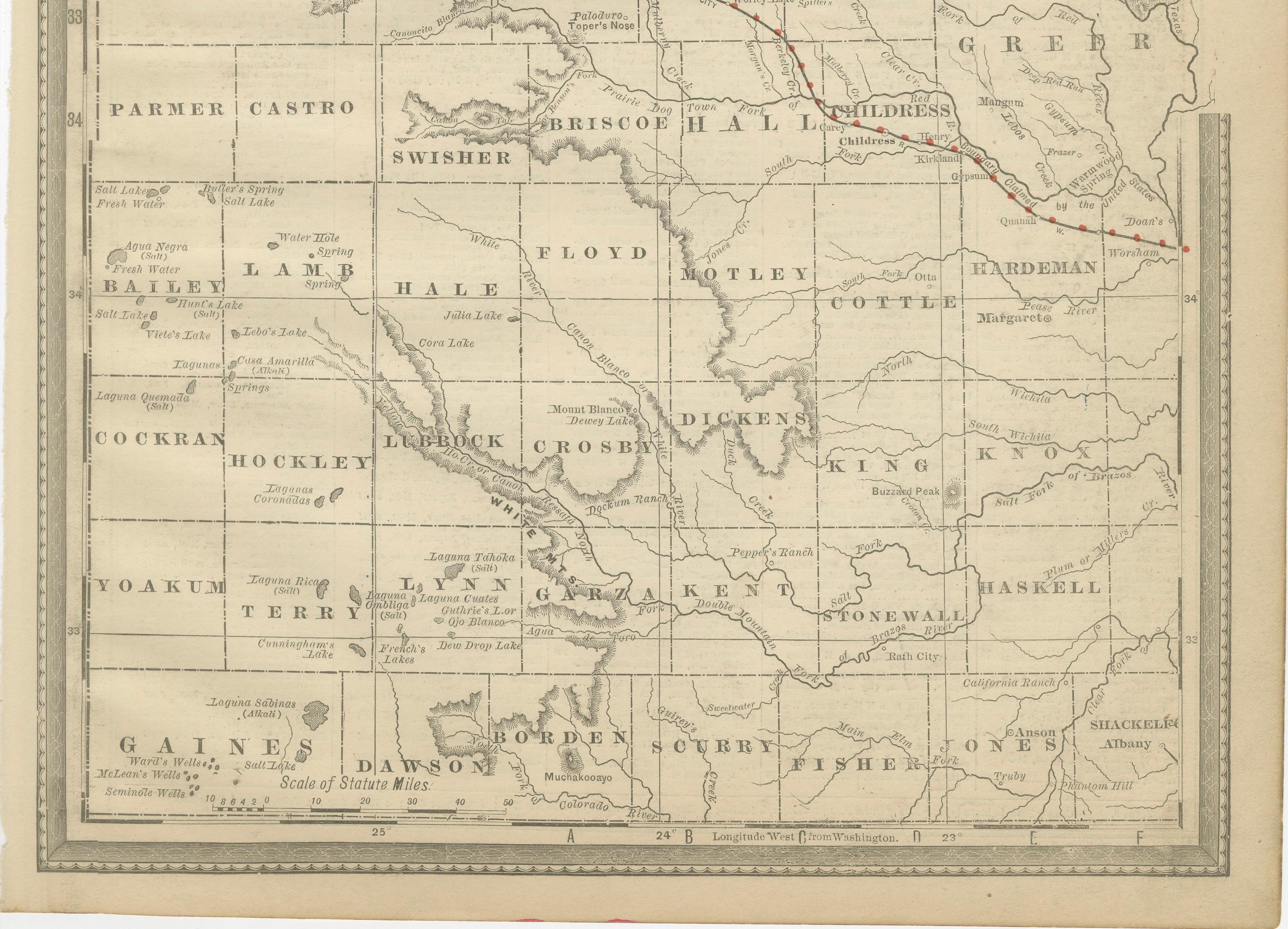Antique Northwest Texas Map – Panhandle Railroads & Counties, Rand McNally, 1888