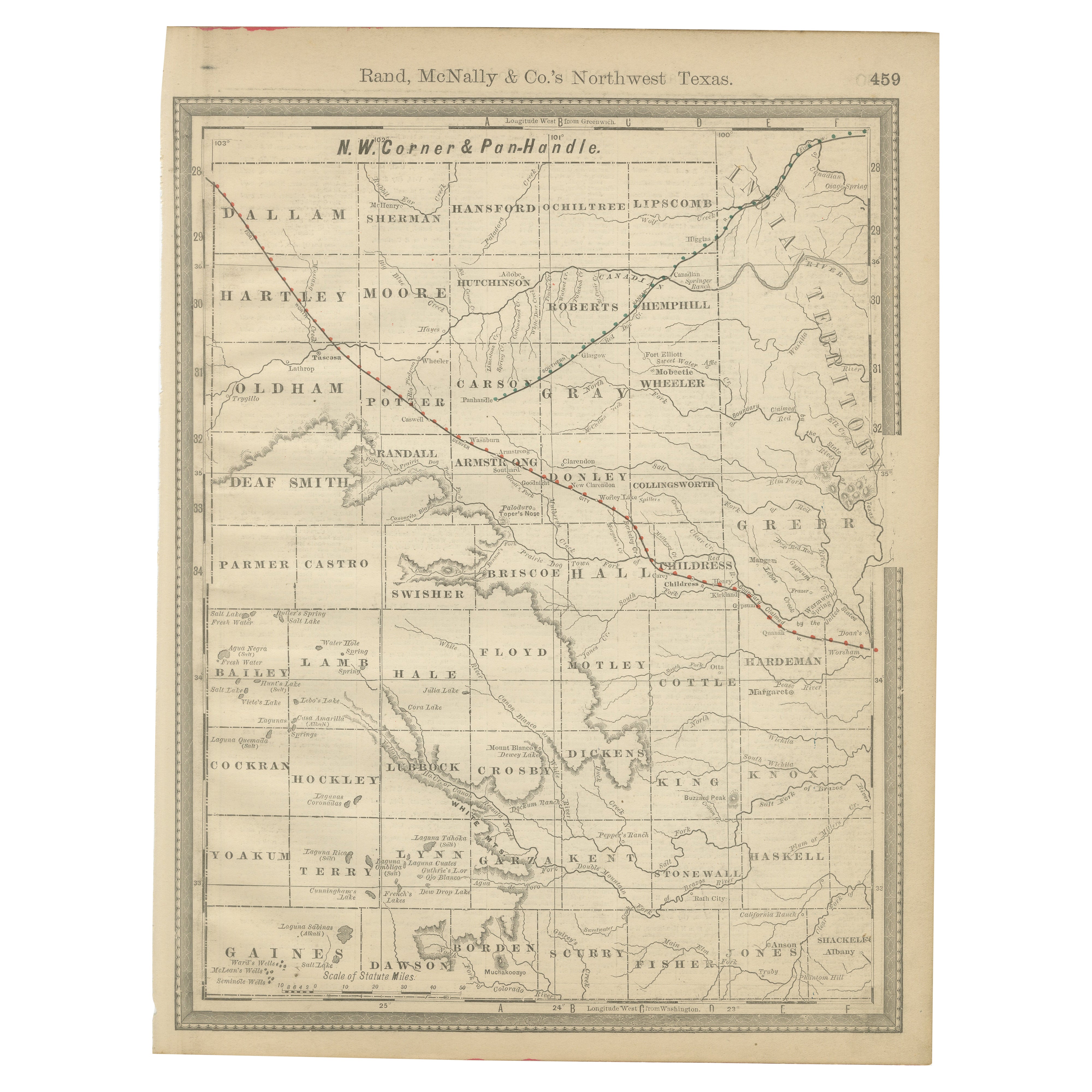 Antique Northwest Texas Map – Panhandle Railroads 
Counties, Rand McNally, 1888 For Sale